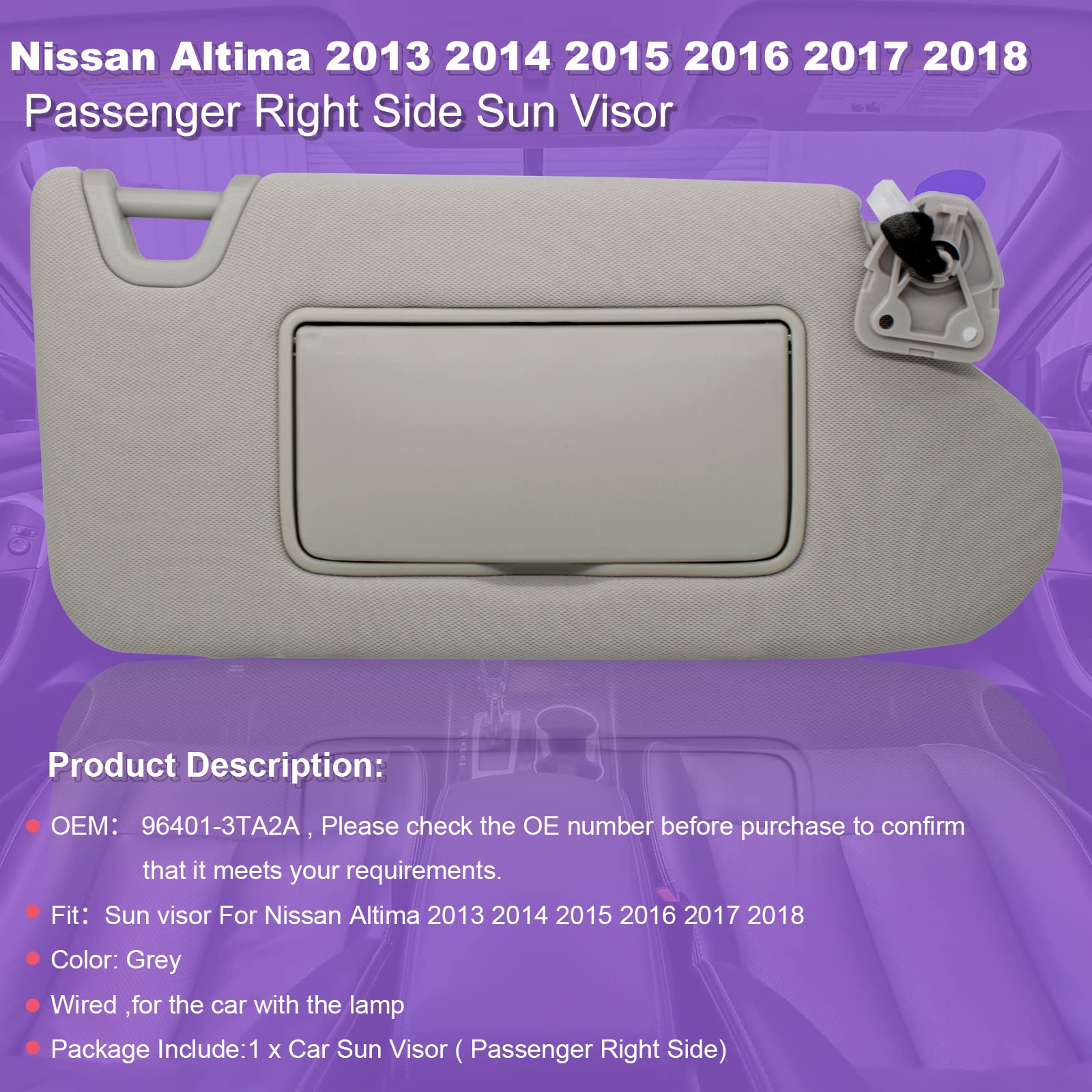 Nhiles Right Side Sun Visor Compatible With Nissan Altima 2013 2014 2015 2016 2017 2018 With Light, Without Sunroof 96400-3Ta2A