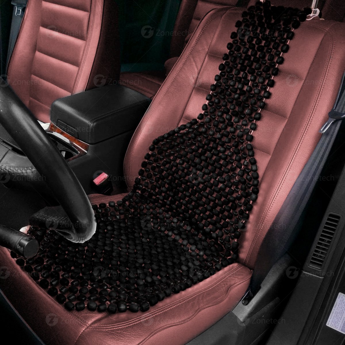 Zonetech Wood Beaded Seat Cushion, Premium Quality, Black, Car Massaging, Double Strung, Stress Free (1 Pack)