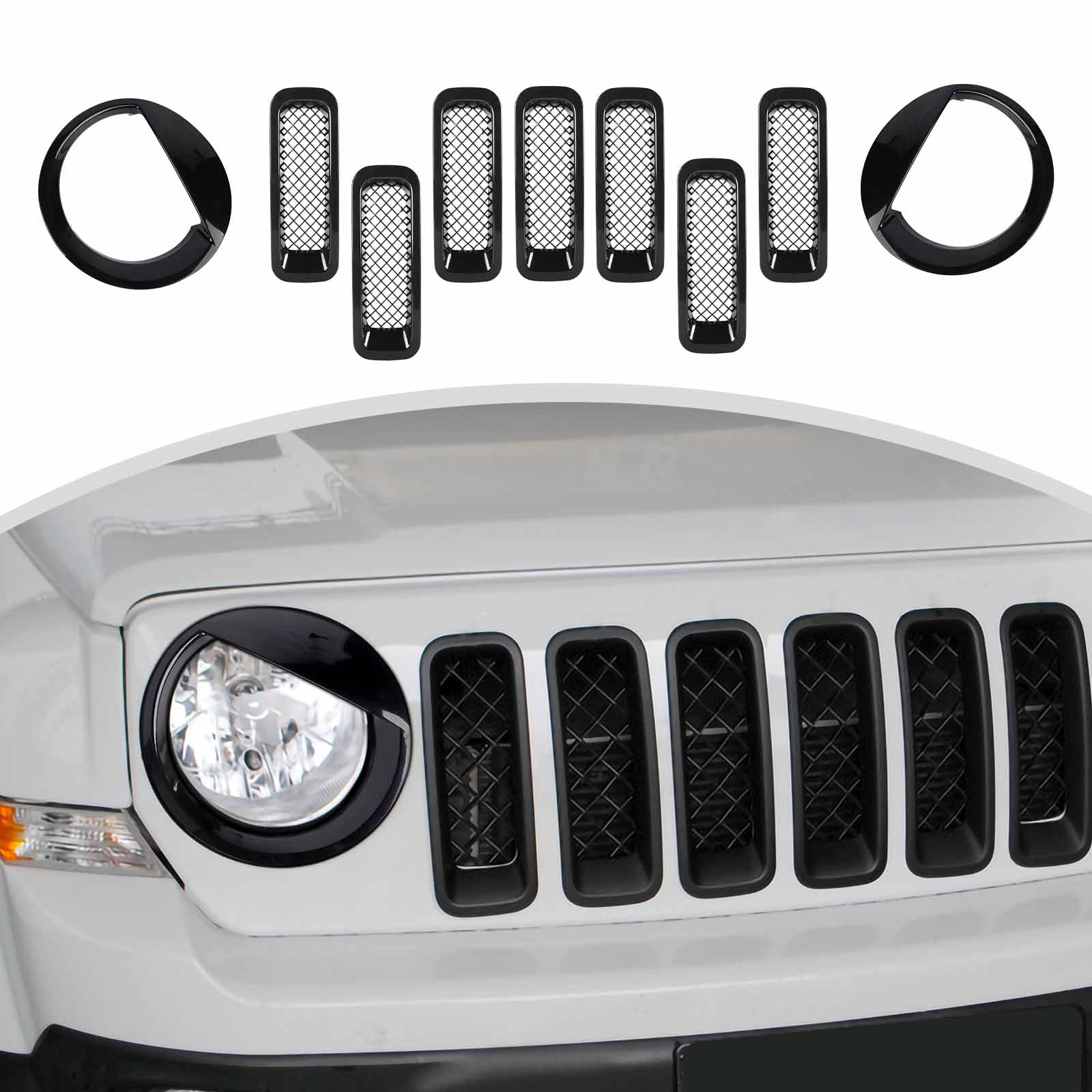 Cherocar For Jeep Patriot Mesh Grille Grill Insert & Headlight Turn Light Cover Trim Exterior Accessories For Jeep Patriot 2011-2016,Black-With Mesh