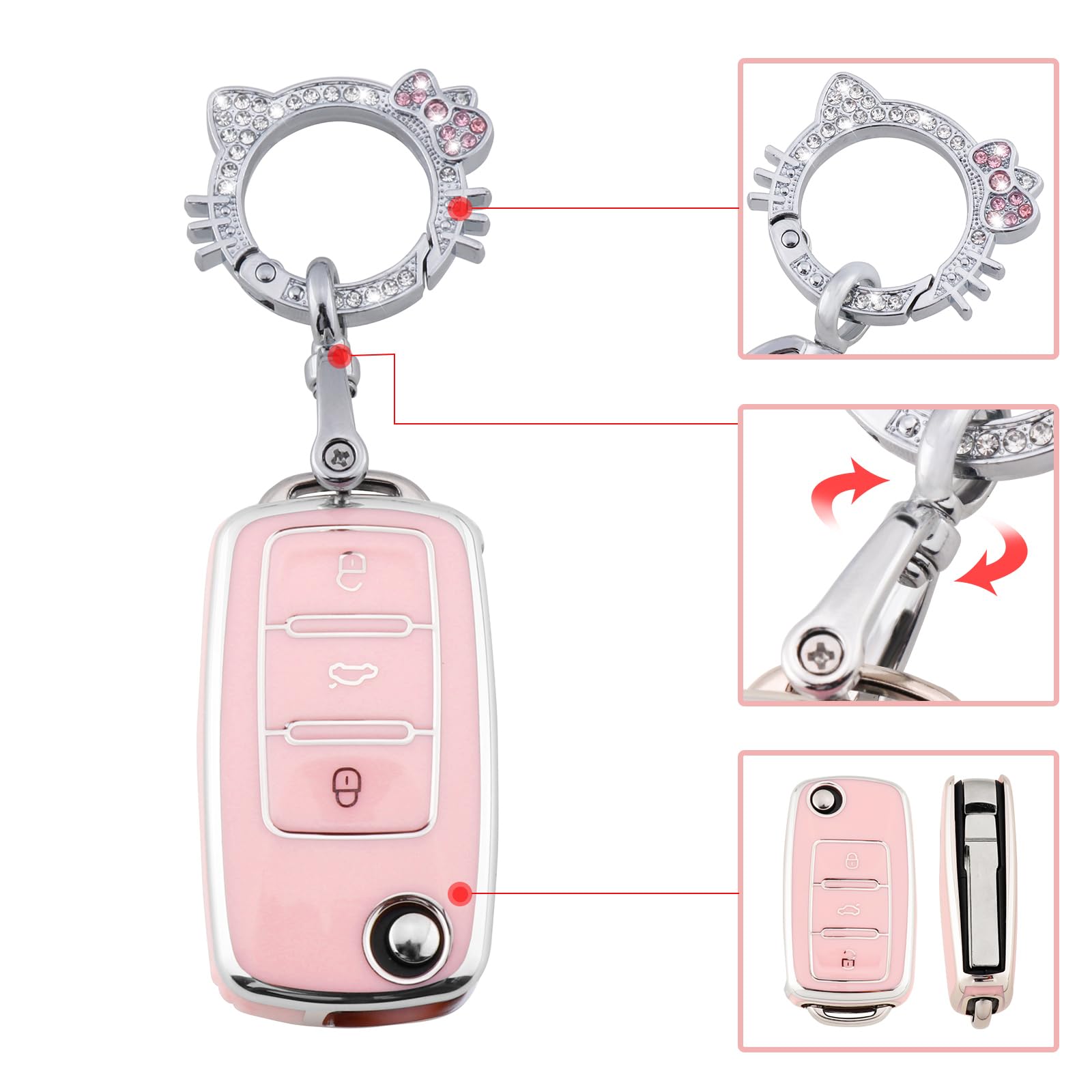 Pangpai Pink Key Fob Cover for VW Volkswagen,Soft TPU Key Case Protection with Bling Keychain Fit for Jetta Golf Polo MK6 Passat