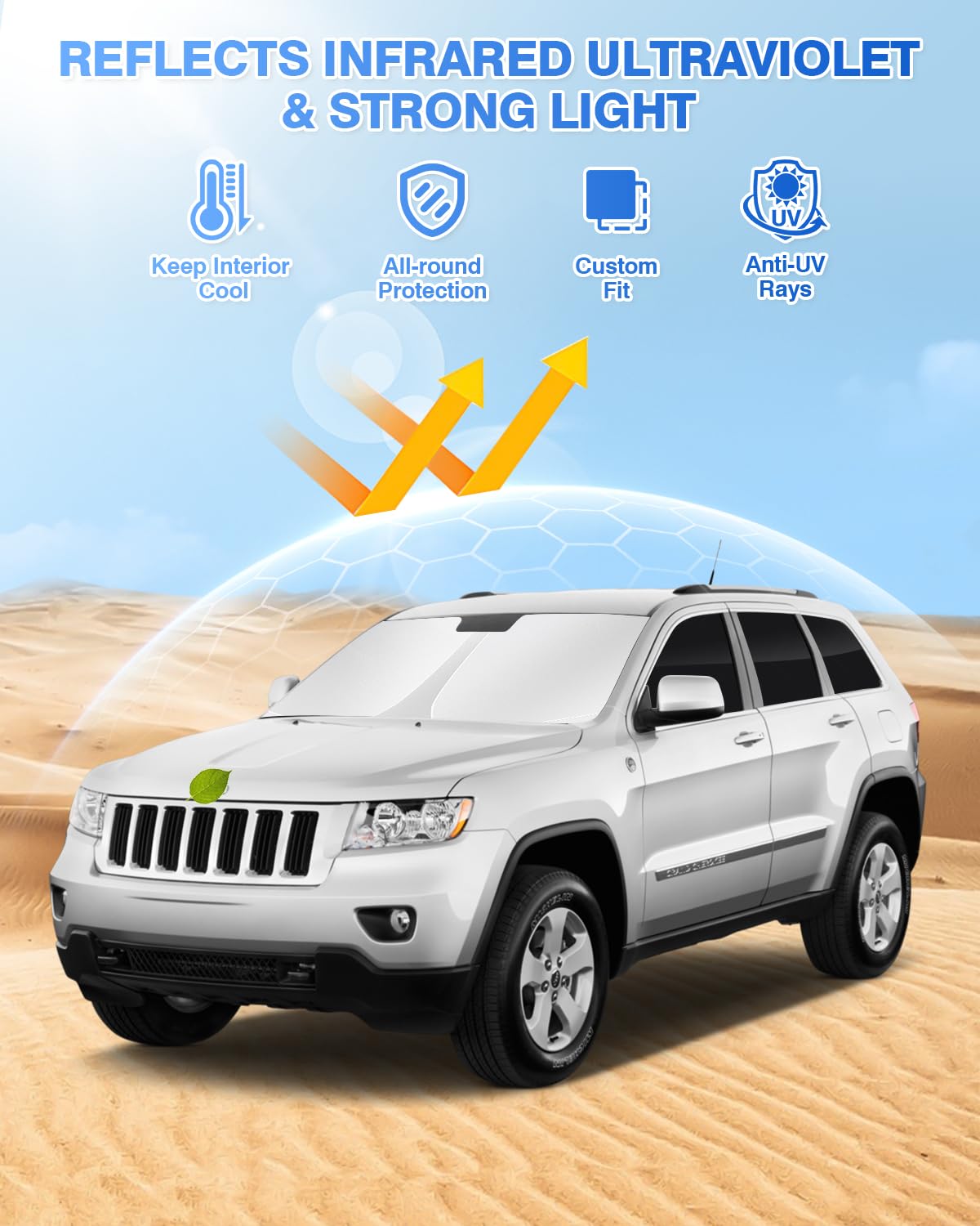 Canvcle Windshield Sun Shade For Jeep Grand Cherokee 2011-2021 Side Rear Window Shade Cover Sun Visor Shield Privacy Protection