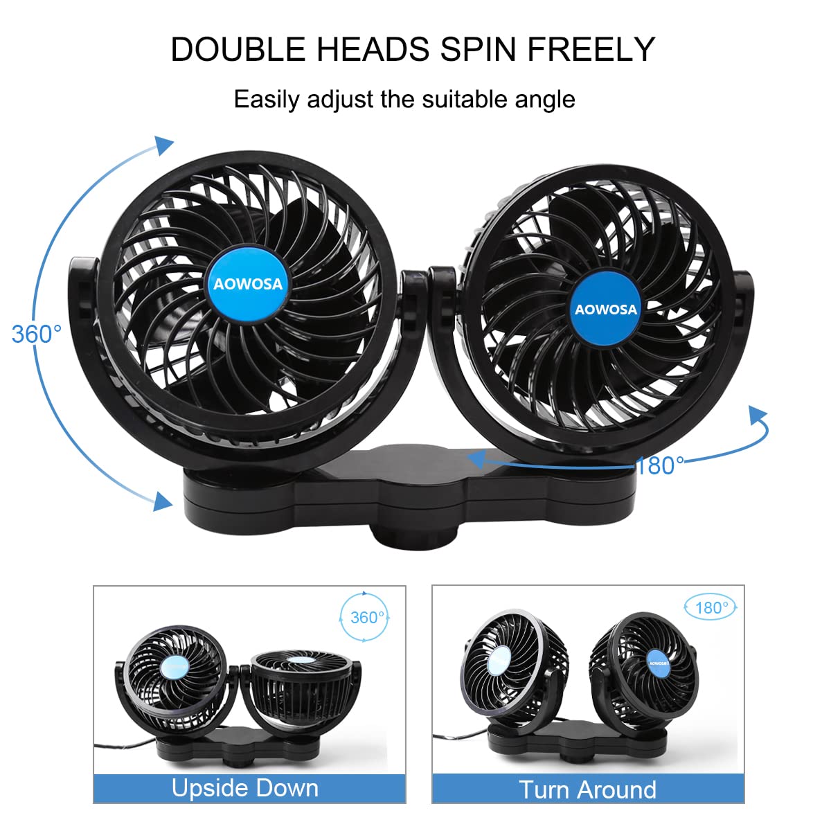 Aowosa Car Fan For Backseat Auto 12V Electric Cooling Fan Portable Car Seat Headrest For Sedan Suv Rv Boat, With 360 Rotatable D