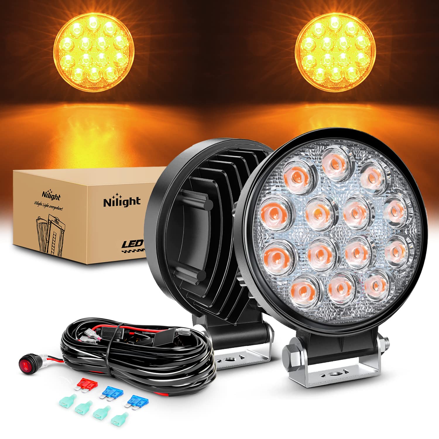 Nilight 4.5Inch 42W 4200Lm Amber Led Light Pods Round Flood Lights For Off Road, Roof & Fog - 16Awg Wiring Harness Kit-2 Leads