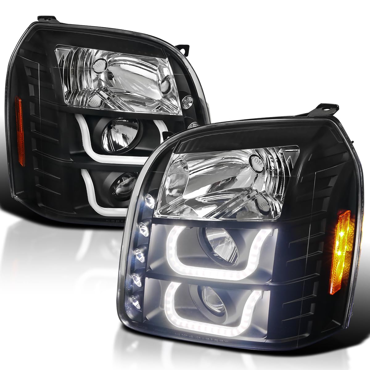 Spec-D Tuning Led Halo Projector Headlights Black Compatible With 2007-2014 Gmc Yukon, 2007-2014 Gmc Yukon Xl 1500 Gmc Yukon Xl 2500, Left + Right Pair Headlamps Assembly