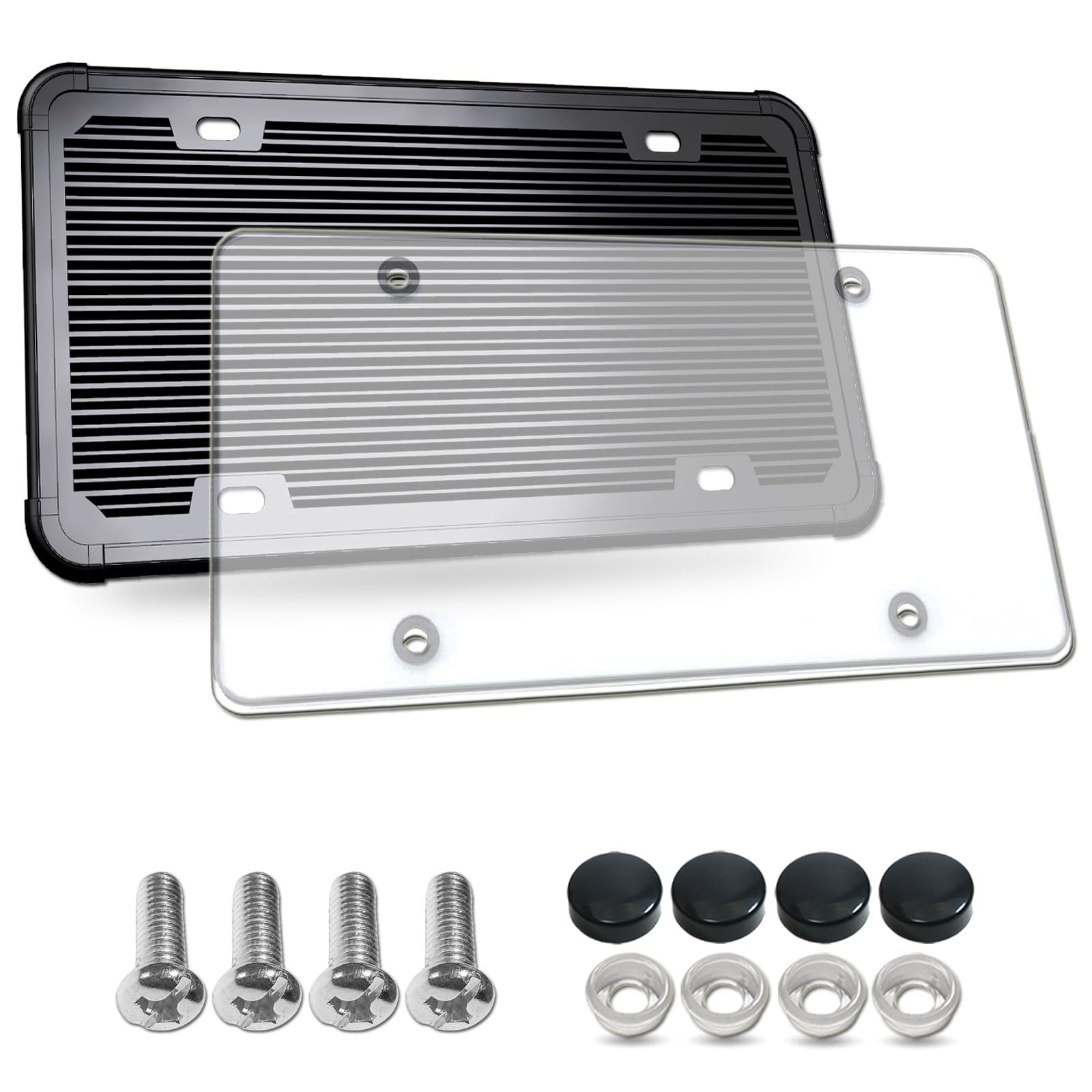 Silicone License Plate Frame With Cover Combo- Flat Clear License Plate Shield And Rustproof Black Car Tag Holder, 1 Set Unbreak