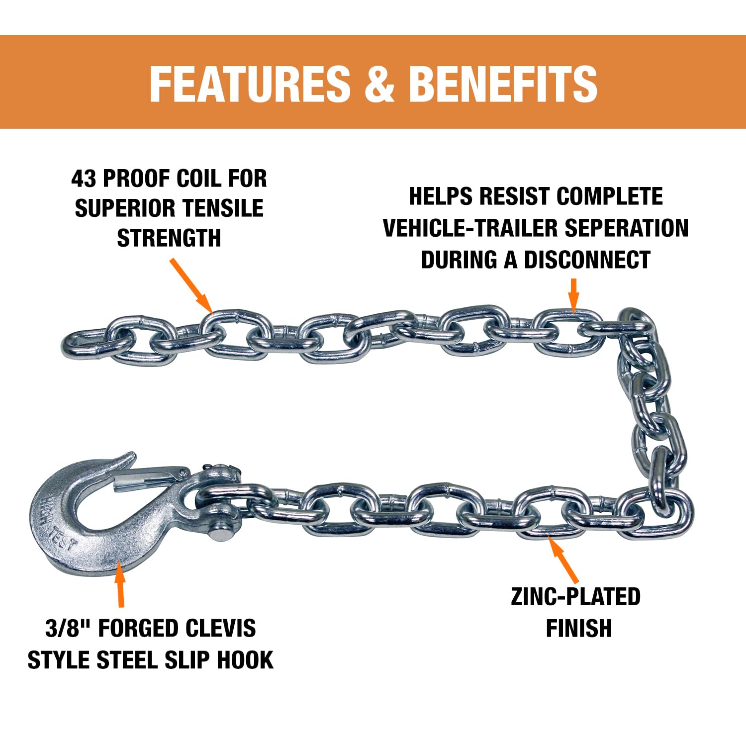 Buyers Products 11275 Class 4 Trailer Safety Chain With Clevis Style Slip Hook, Zinc Plated, 35'' Chain, 3/8'' Chain Diameter, 4
