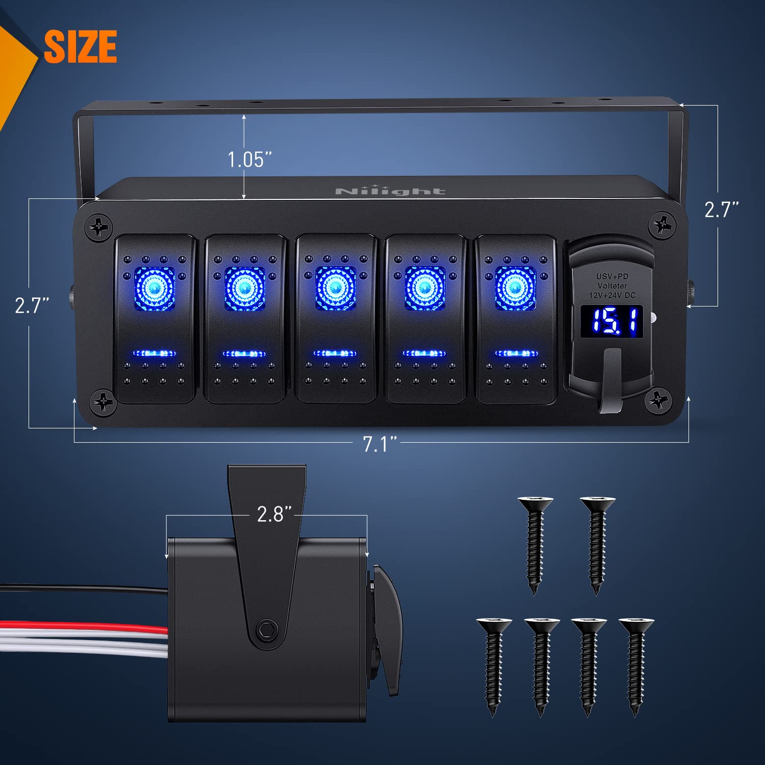 Nilight 5 Gang Rocker Switch Box 12V Spst On Off Switches Pd Type C And Qc 3.0 Usb Charger Voltmeter Waterproof Aluminum Panel D