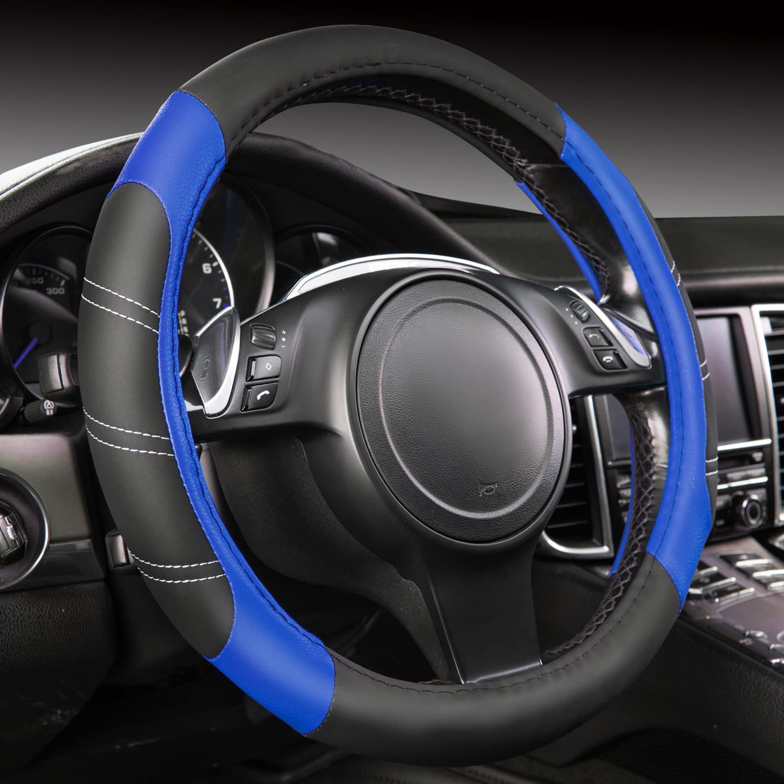 Car Pass Line Rider Microfiber 15.5-16 Inch Leather Sporty Steering Wheel Cover Universal Fits For Truck Suv Cars Pick Up, Anti-