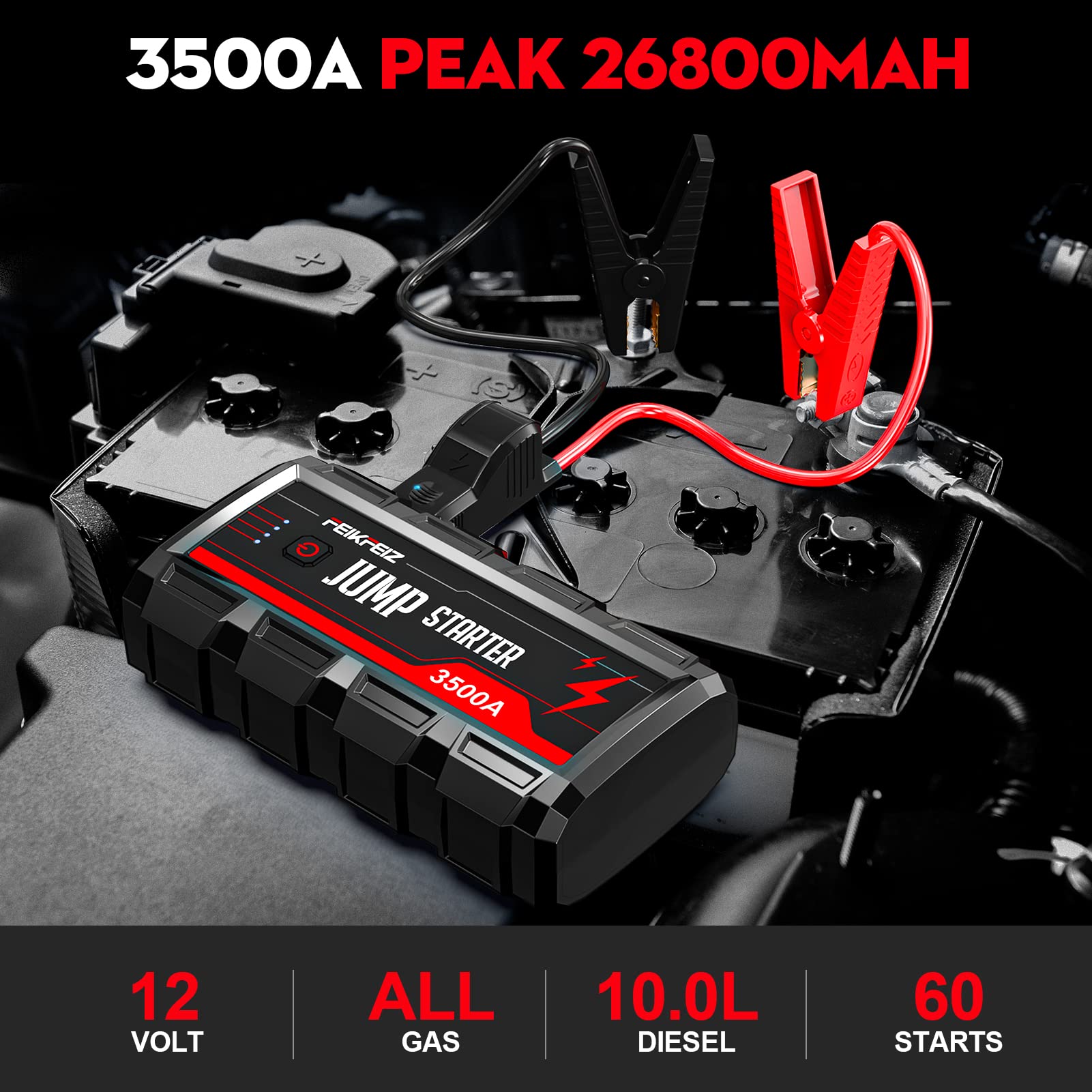 Feikfeiz Car Jump Starter, 3500A Peak 26800Mah 12V Car Battery Starter(Up To All Gas, 10.0L Diesel Engine), With Usb Quick Charge 3.0,Led Light.
