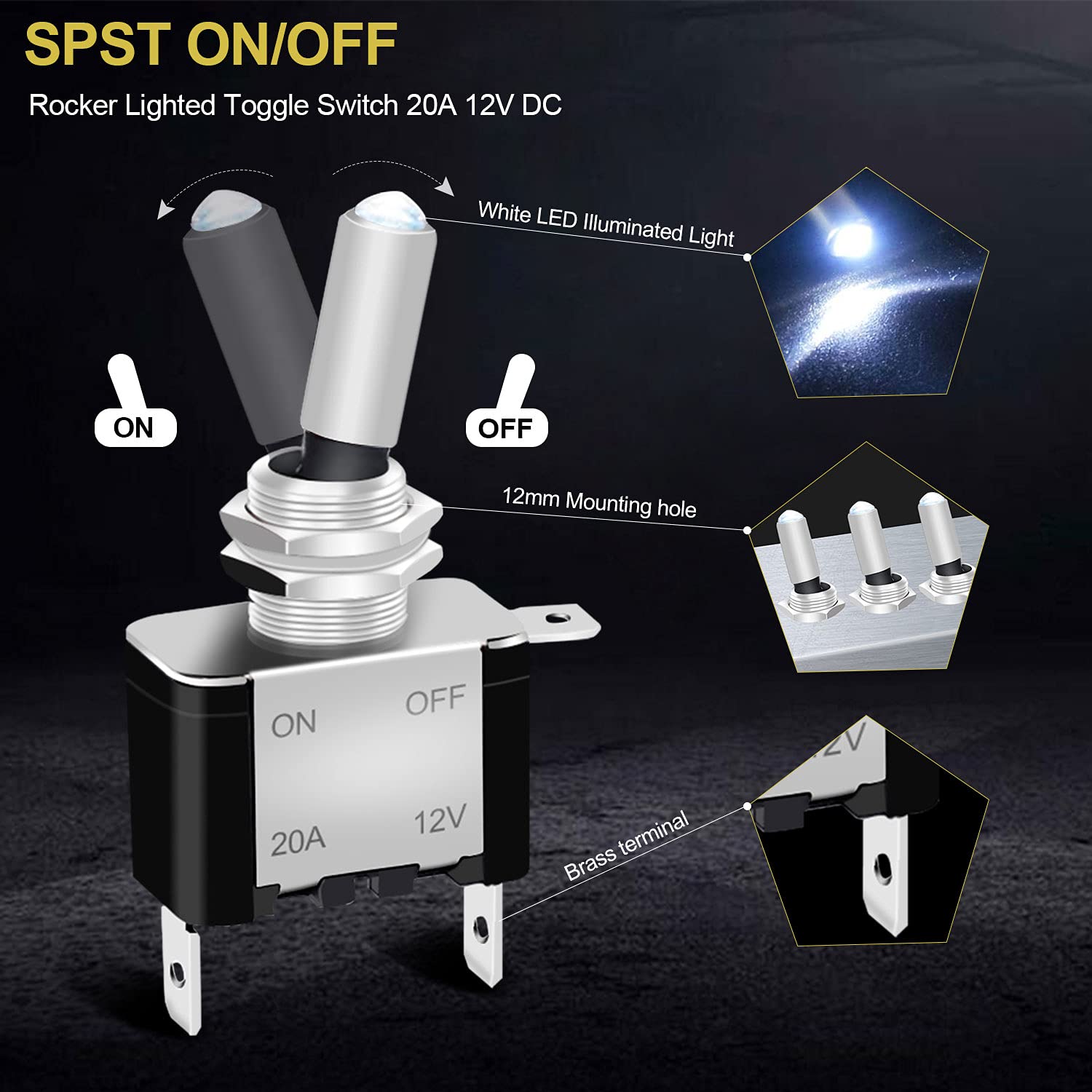 Twidec/3Pcs Rocker Lighted Toggle Switch 12V 20A Heavy Duty Racing Car Automotive Auto Spst On/Off Toggle Switch White Led Illuminated 3Pin Asw-07Dw