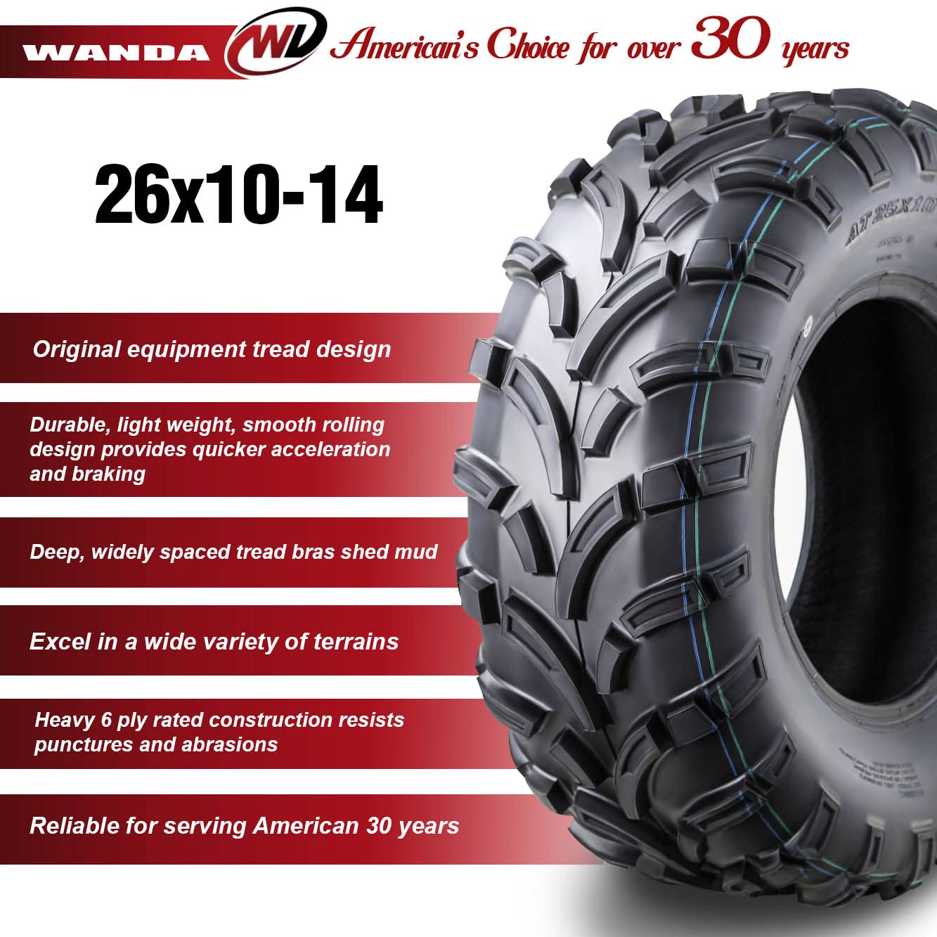 Wanda Set Of 2 Atv/Utv Tires 26X10-14 /6Pr P373-10206