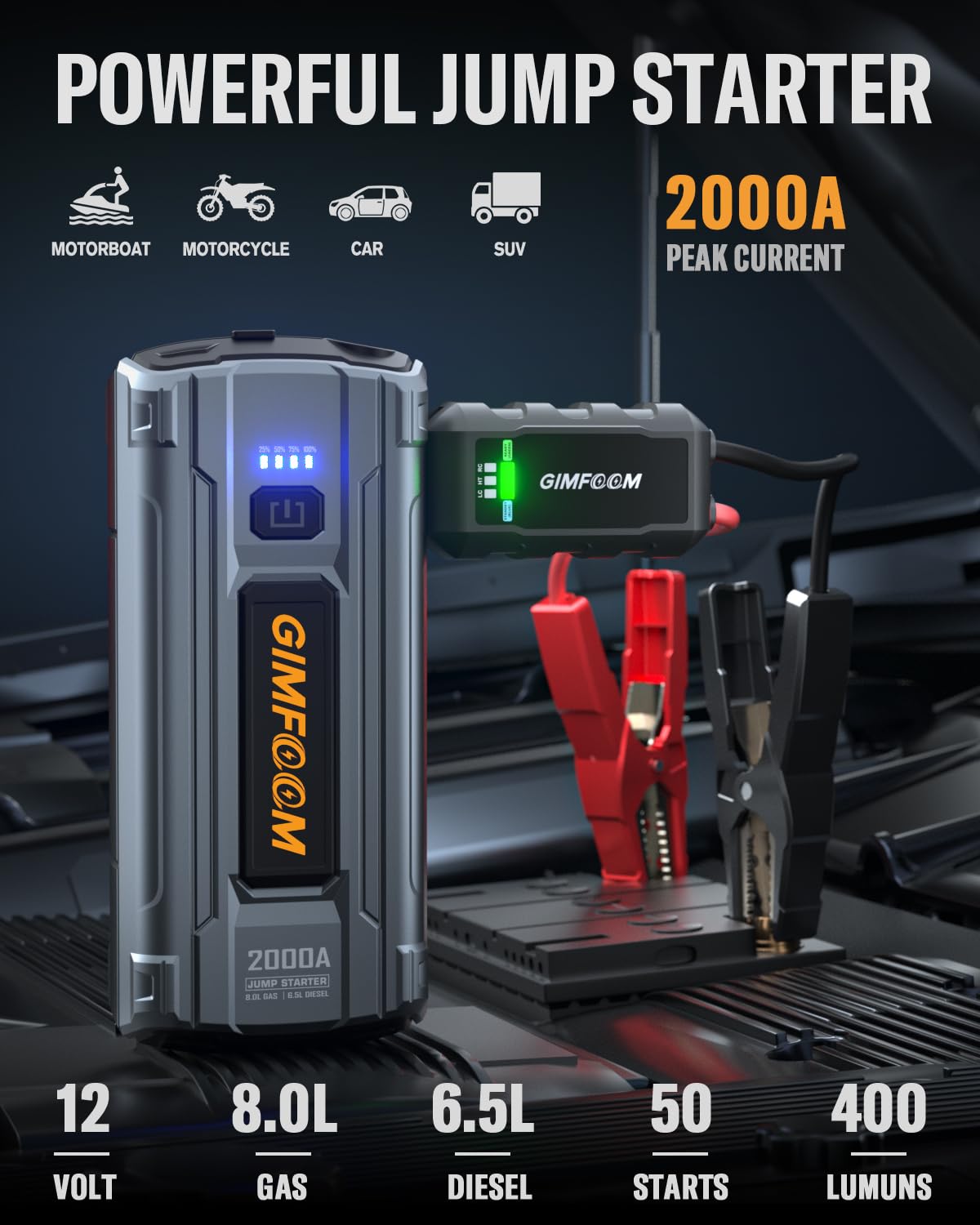 Gimfoom Jump Starter, 2000A Car Battery Jump Starter For Up To 9.0L Gas Or 7.5L Diesel Engines, 12V Portable Car Jump Starter Ba