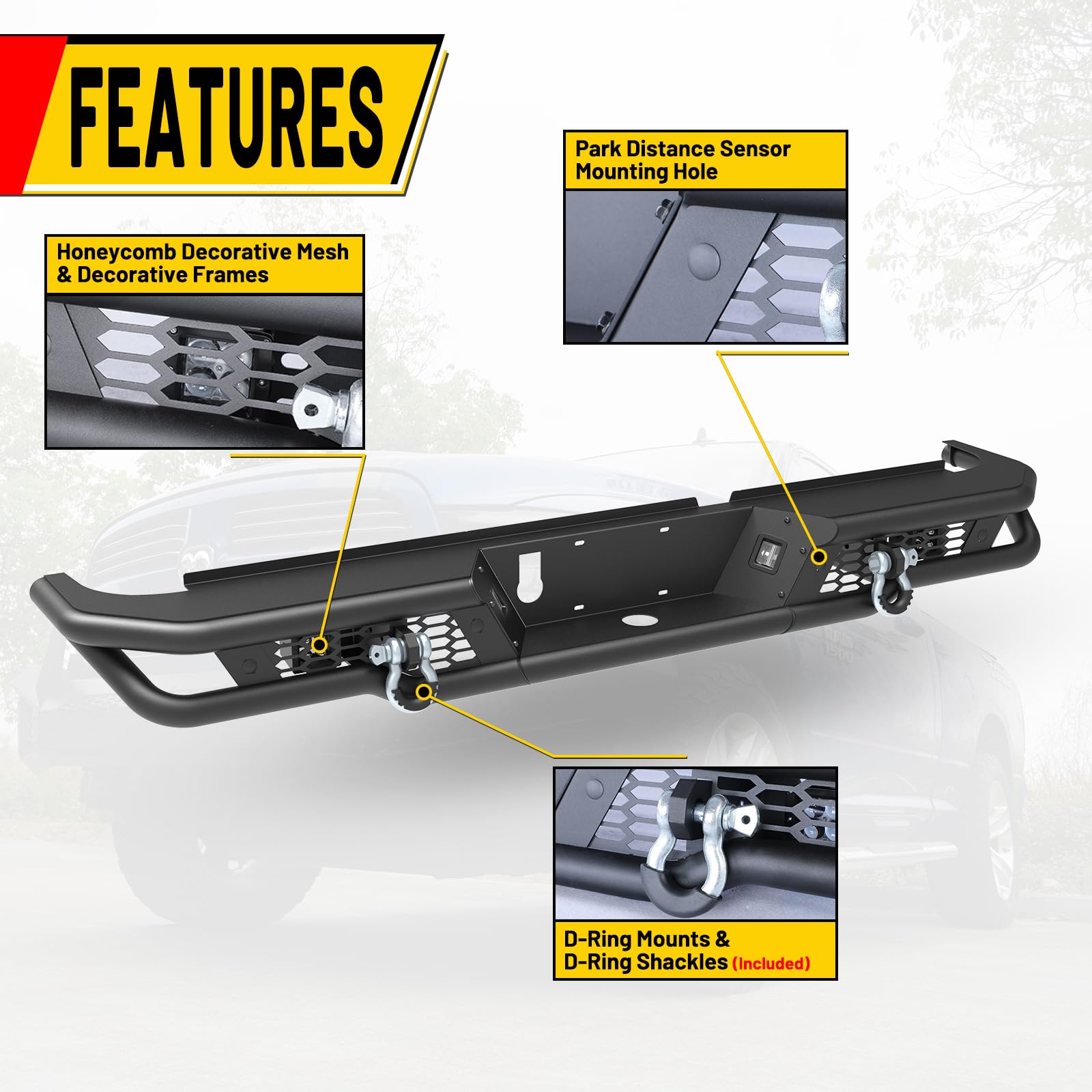 Autofree Rear Bumper For 2009-2018 Dodge Ram 1500 Pickup Truck / 2019-2023 Ram 1500 Classic Bumper, Offroad Paintable Back Bumper With Led Pod Light With Licence Lamp/D-Ring Shackles