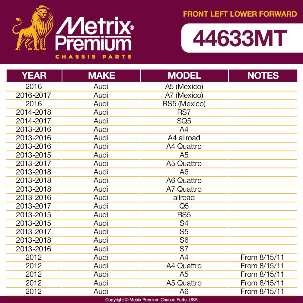 Metrix Premium Chassis Parts - Front Left Lower Forward Control Arm Fits 16 Audi A5 (Mexico), 16-17 A7 Mexico, 14-18 Rs7, 14-17