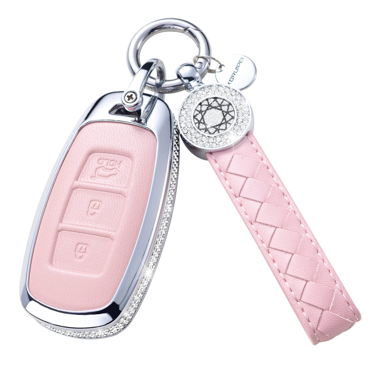 Ruabiban For Hyundai Key Fob Cover With Keychain, Pink Genuine Leather Crystal Key Case Protection Shell Compatible With 2022 20