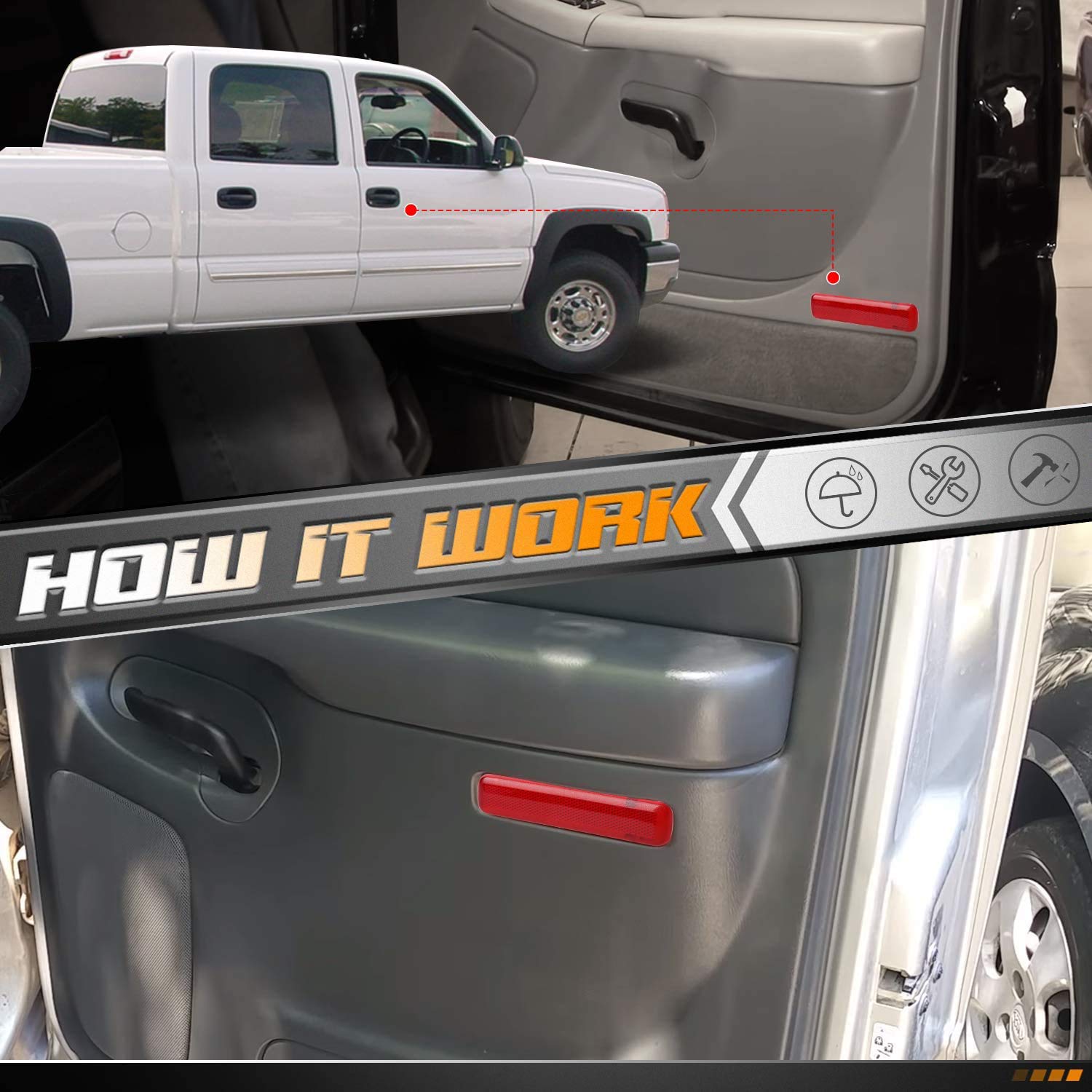 Hercoo Rear Door Trim Panel Red Left & Right Reflector Light Cover Compatible With 2003-2007 Gmc Sierra 15183155 15183156 74367