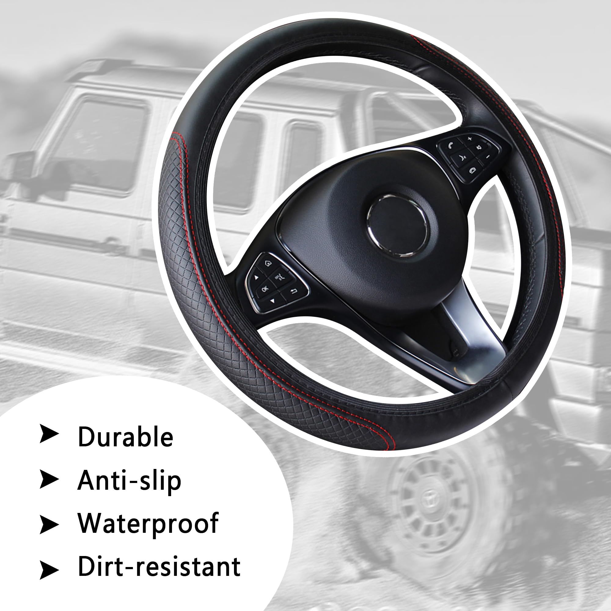 Leather Steering Wheel Cover,Anti Slip Car Steering Wheel Cover For Car Decorations & Steering Wheel Protections,Universal 15Inch Wheel Cover Car Interior Accessories For Men & Women (Black+Red)
