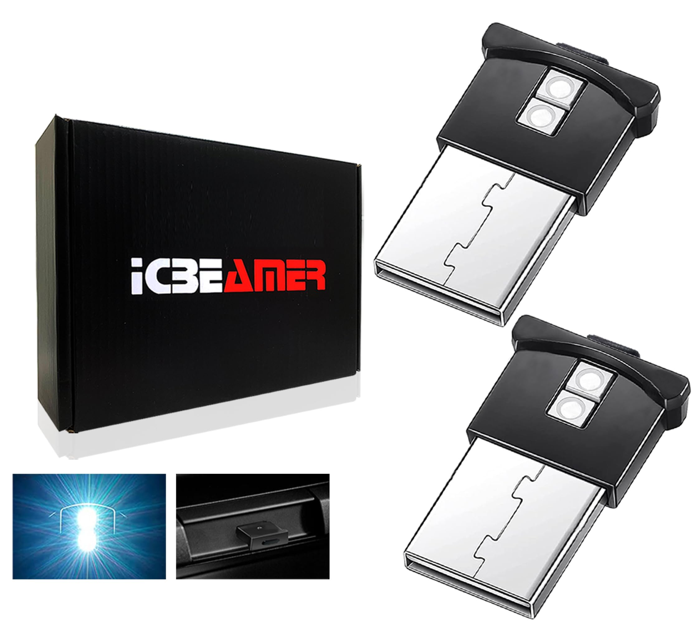 Icbeamer 2 Pcs Mini Smart Usb Type-A | Color: White | Led Night Light For Car Interior, Trunk, Center Console. Easy Plug-In, Per
