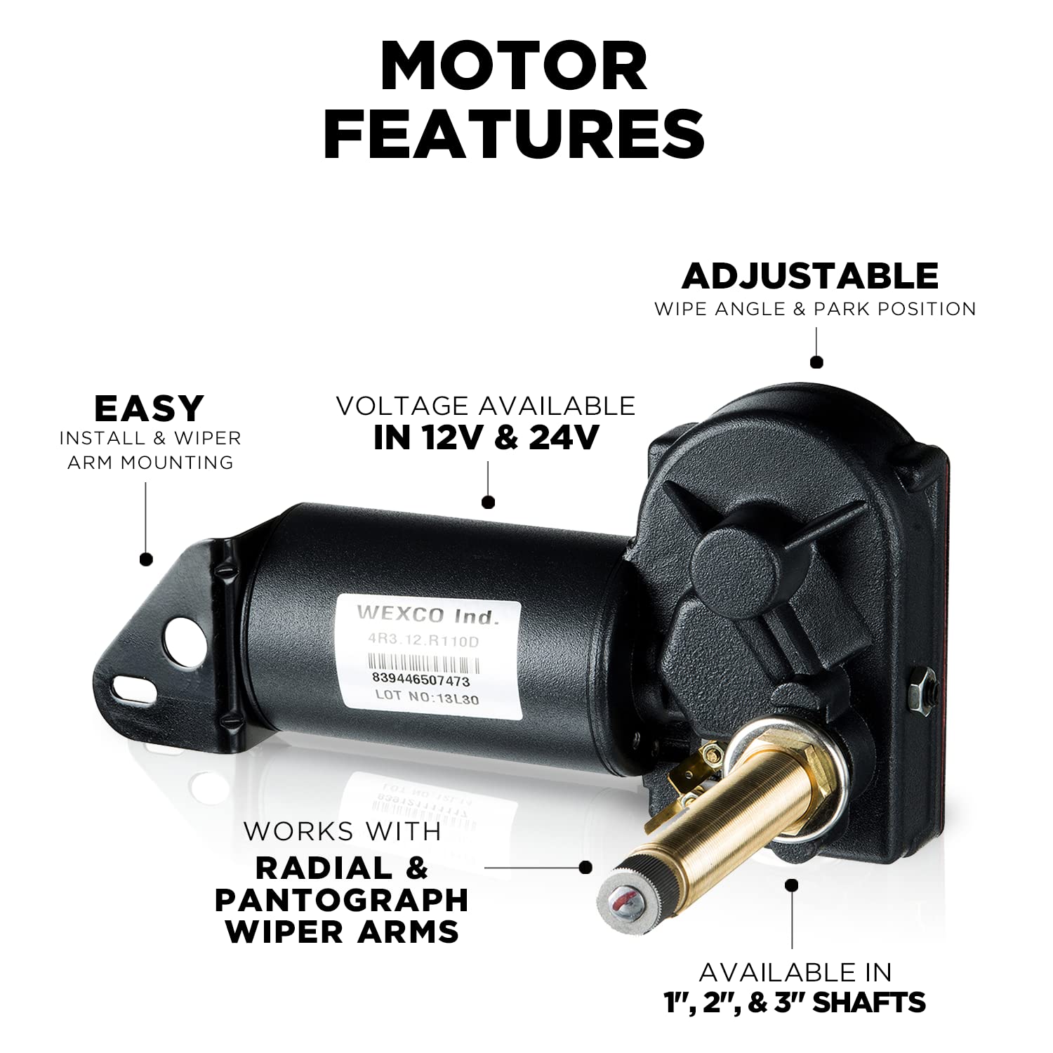 Wexco Wiper Motor, 4R3.12.R110D, Three And A Half Inch (3.5'') Shaft, 12V