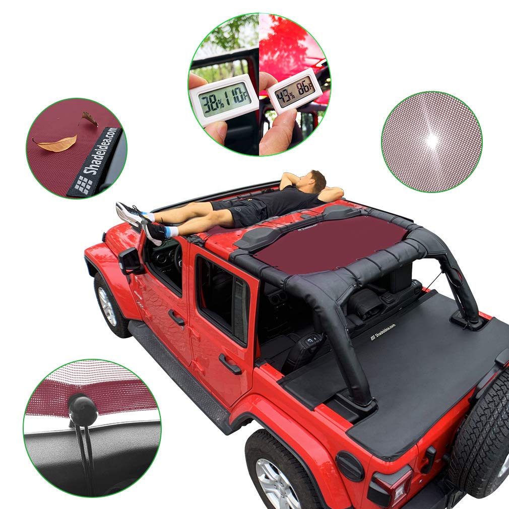 Shadeidea Sun Shade Top For Jeep Wrangler, Jl (2018-2023) 4 Door Top Sunshade, Front & Rear - Wine Red Jlu Mesh Screen Cover, Uv