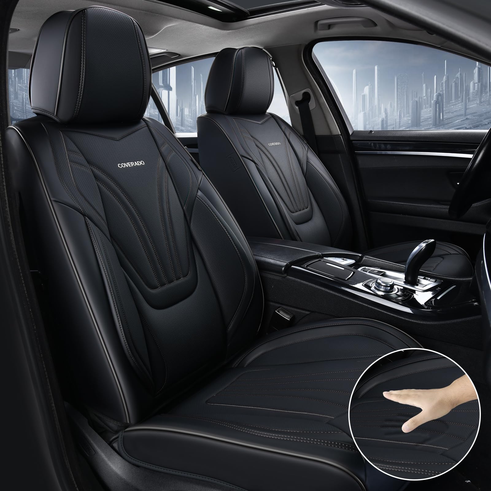 Coverado Car Seat Covers Front Seats, 2 Piece Car Seat Protector With Lumbar Support & Removable Headrest, Breathable Leather Se