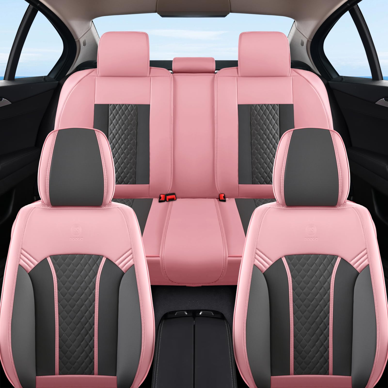 Doogo Leather Seat Covers Full Set, Car Seat Covers 5 Seats, Automotive Seat Covers, Waterproof Pink Leather Seat Cushions Prote