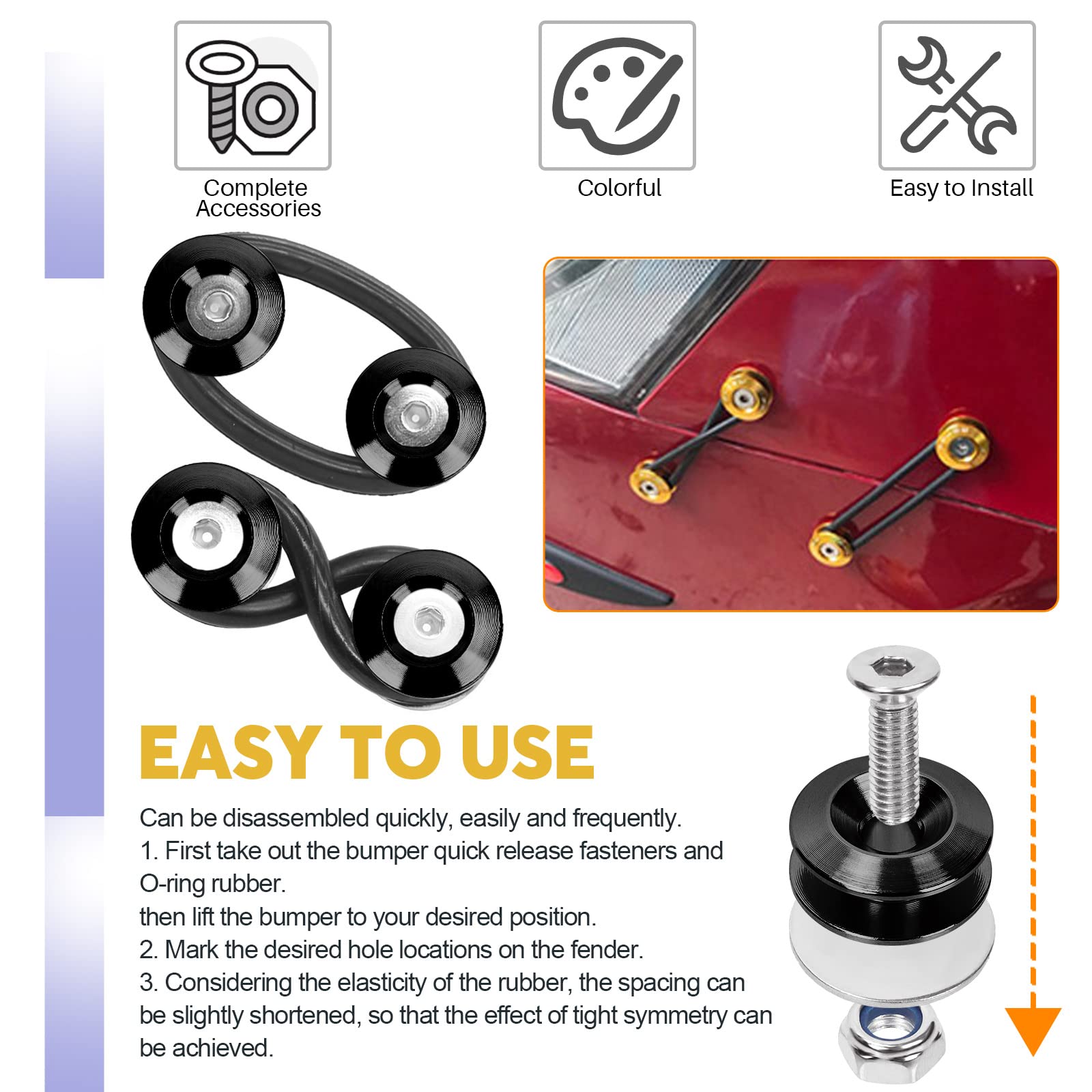 Swpeet 54Pcs - 3 Pairs Black Quick Release Fastener Kit, Universal Aluminum Bumper Clips Quick Release Front Rear Bumper Fastene