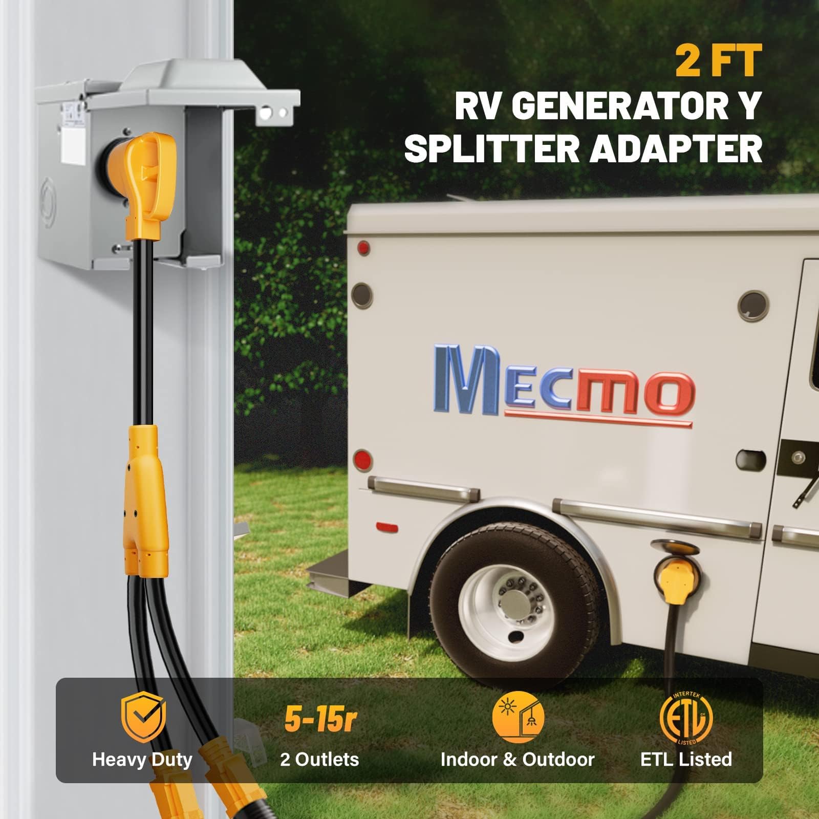 Mecmo 50 Amp To (2)X 110V 15 Amp Household Outlet Rv Y Adapter Power Cord, 10/3 Stw Nema 14-50P Male Plug To Two 5-15R Female El