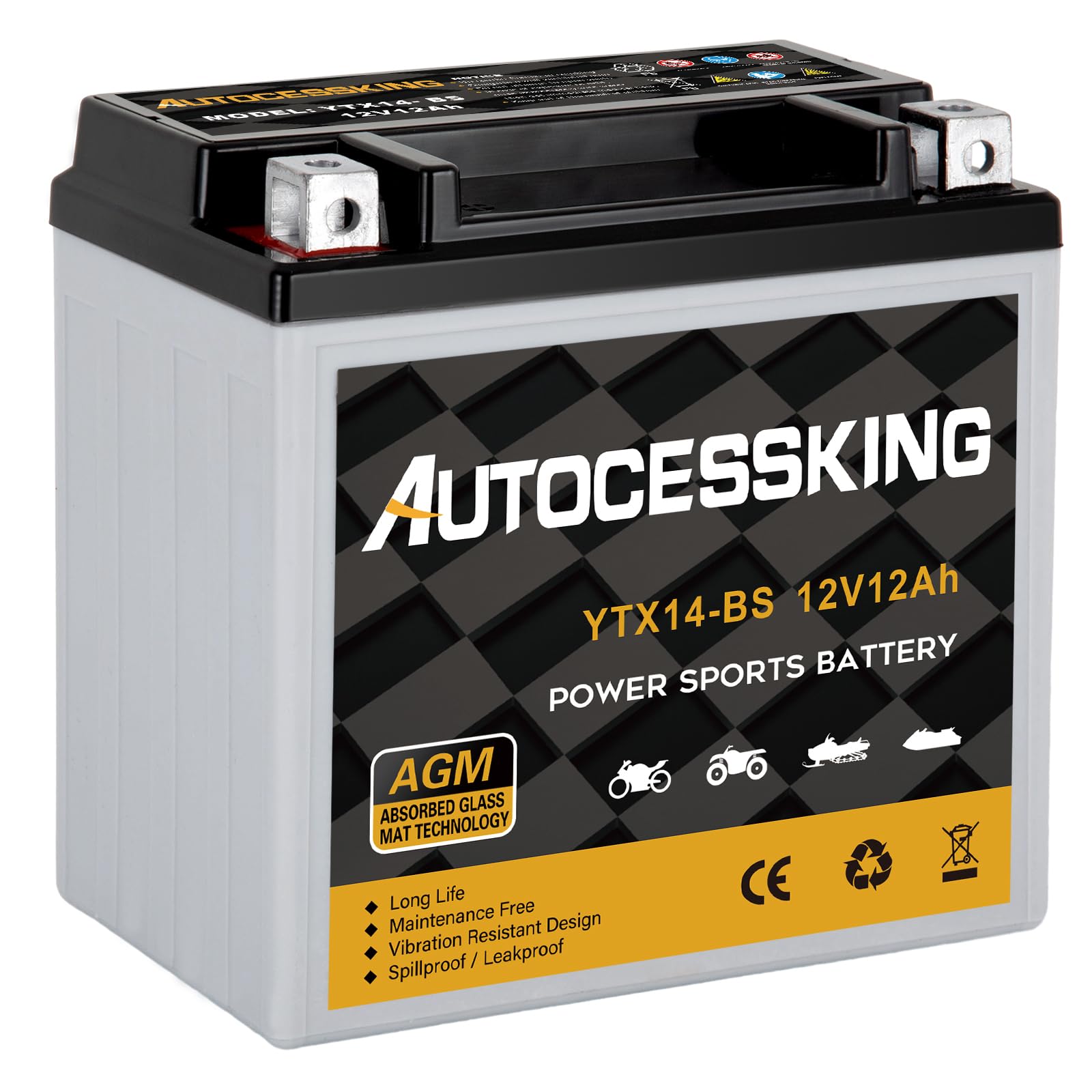 Autocessking Ytx14-Bs 12V 12Ah Motorcycle Battery, Rechargeable Sealed Agm Battery Maintenance Free Powersport Replacement Batte