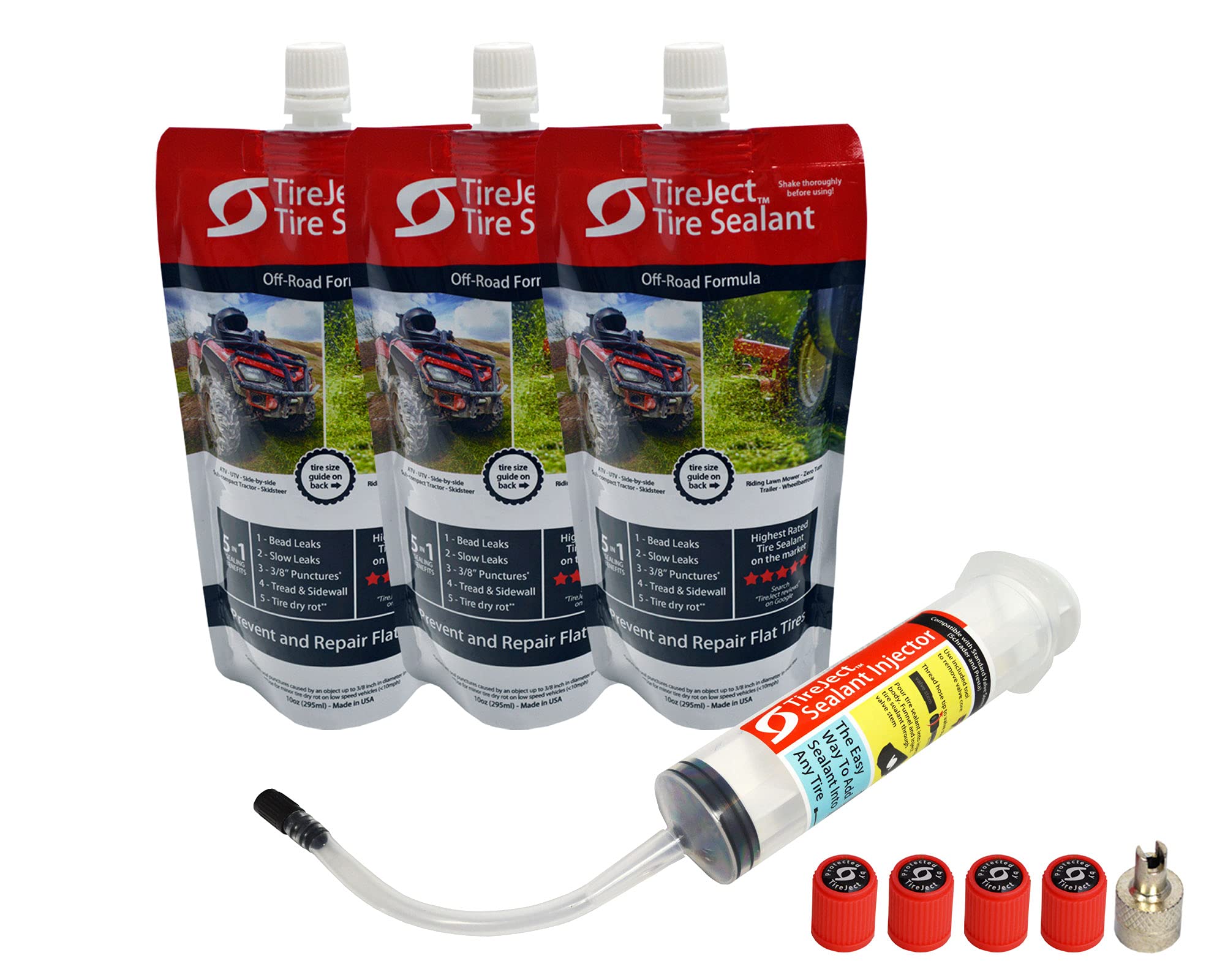 TireJect Lawn Mower Tire Sealant Kit with Sealant Injector - 5-in-1 Flat Tire Repair & Flat Tire Protection for punctures, Slow 