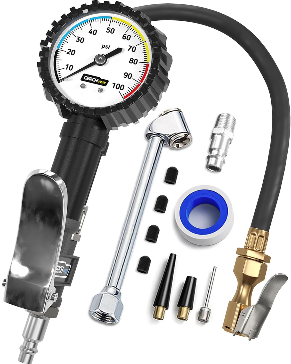 Tire Inflator With Pressure Gauge And Longer Hose - Most Accurate, Heavy Duty Air Chuck With Gauge For Air Compressor Tire Infla