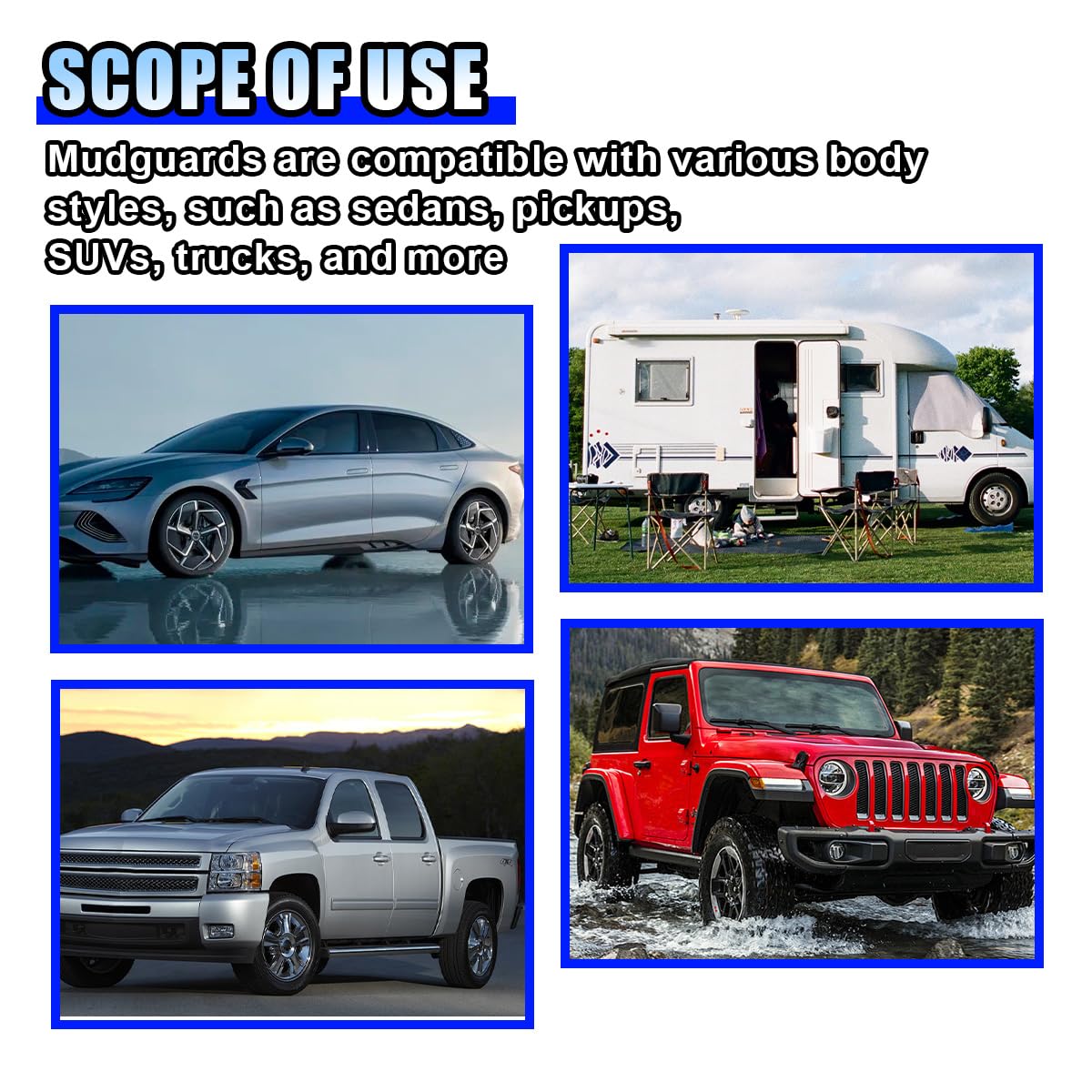 4PCS Universal Car Mud Flaps, Flexible Splash Guards Set for Front & Rear, Bendable Mudguards with Fastener Rivet Clips, Car Ext