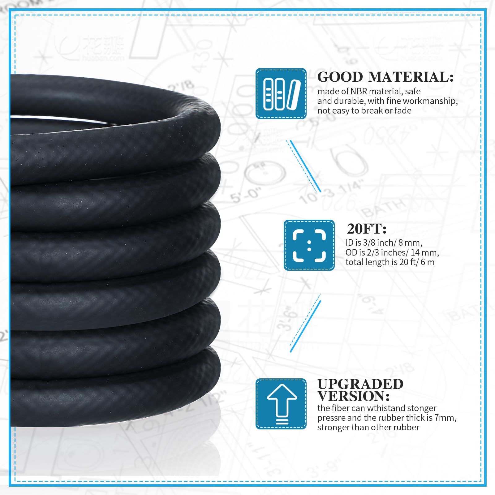 Pangda 20Ft Fuel Line Hose Nbr Rubber Hose Fuel Hose 300Psi Boat Fuel Line For Small Engine Fuel Systems (3/8 Inch)