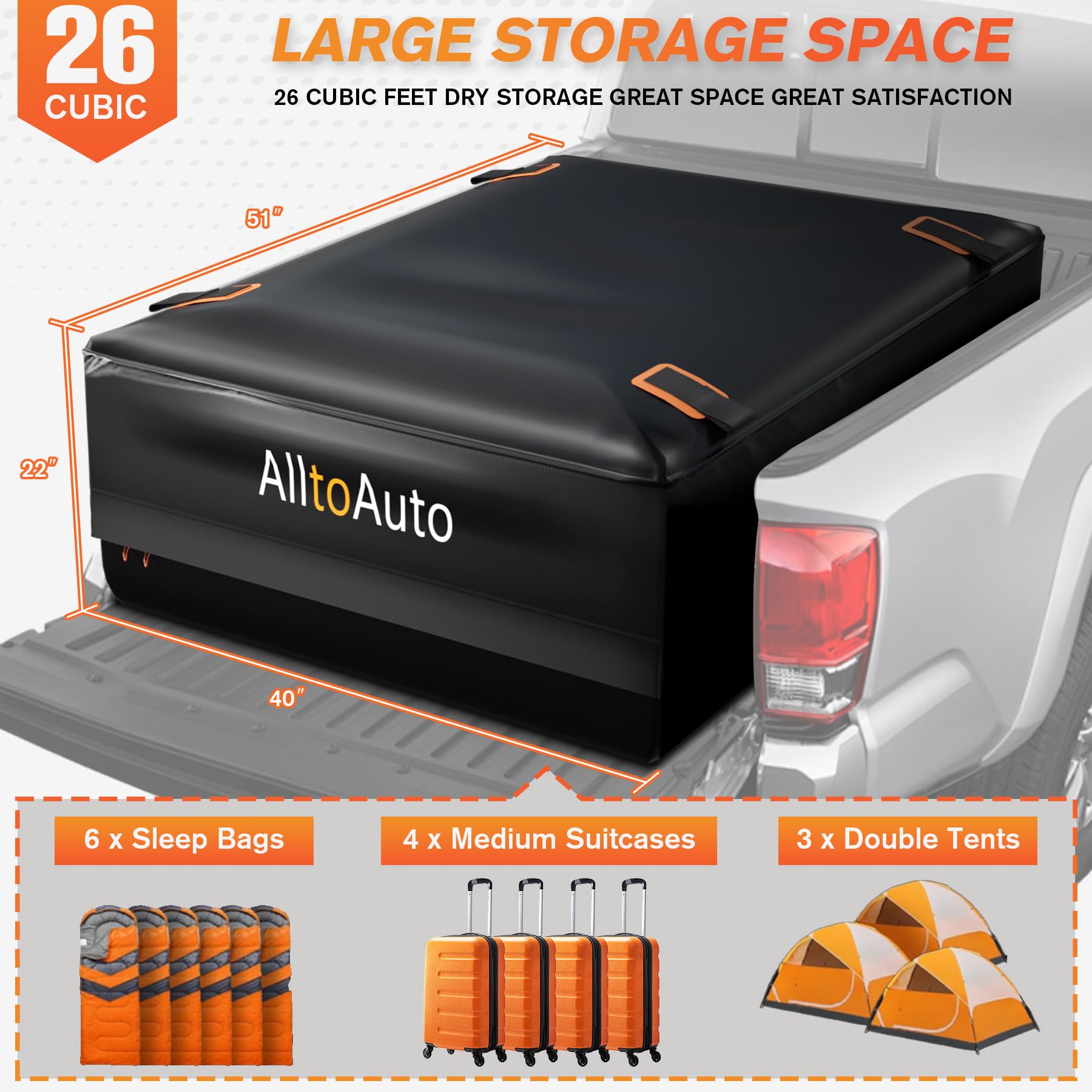Alltoauto Truck Bed Cargo Bag, 26 Cubic Feet (51''X40''X22''), 100% Waterproof 1000D Heavy Duty, Fits Any Truck Size, Simple And