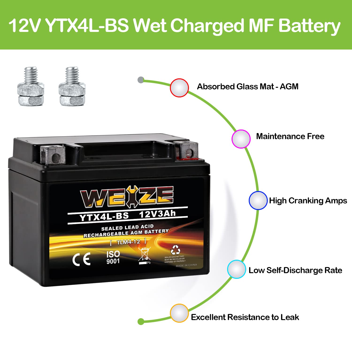 Weize YTX4L-BS High Performance-Rechargeable-Sealed Motorcycle Battery Compatible With Polaris Scrambler, Sportsman 90, Honda Sc