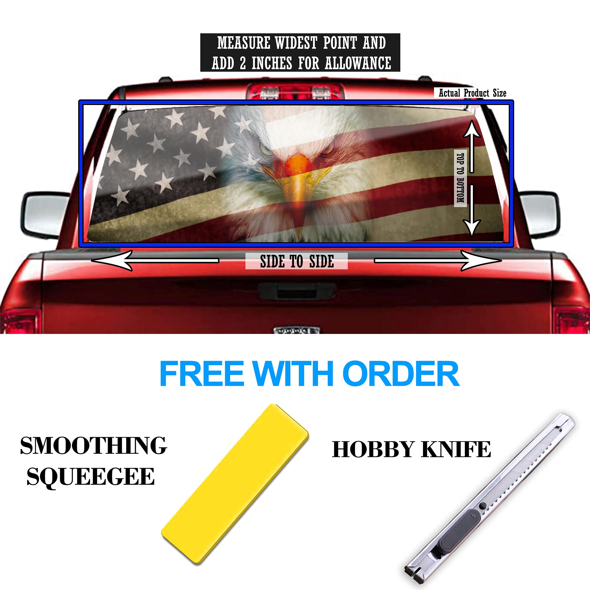 Rear Window Decals For Trucks, Pickup American Flag Window Decal, Bald Eagle Back Window Tint Graphic Perforated Vinyl Truck Sti