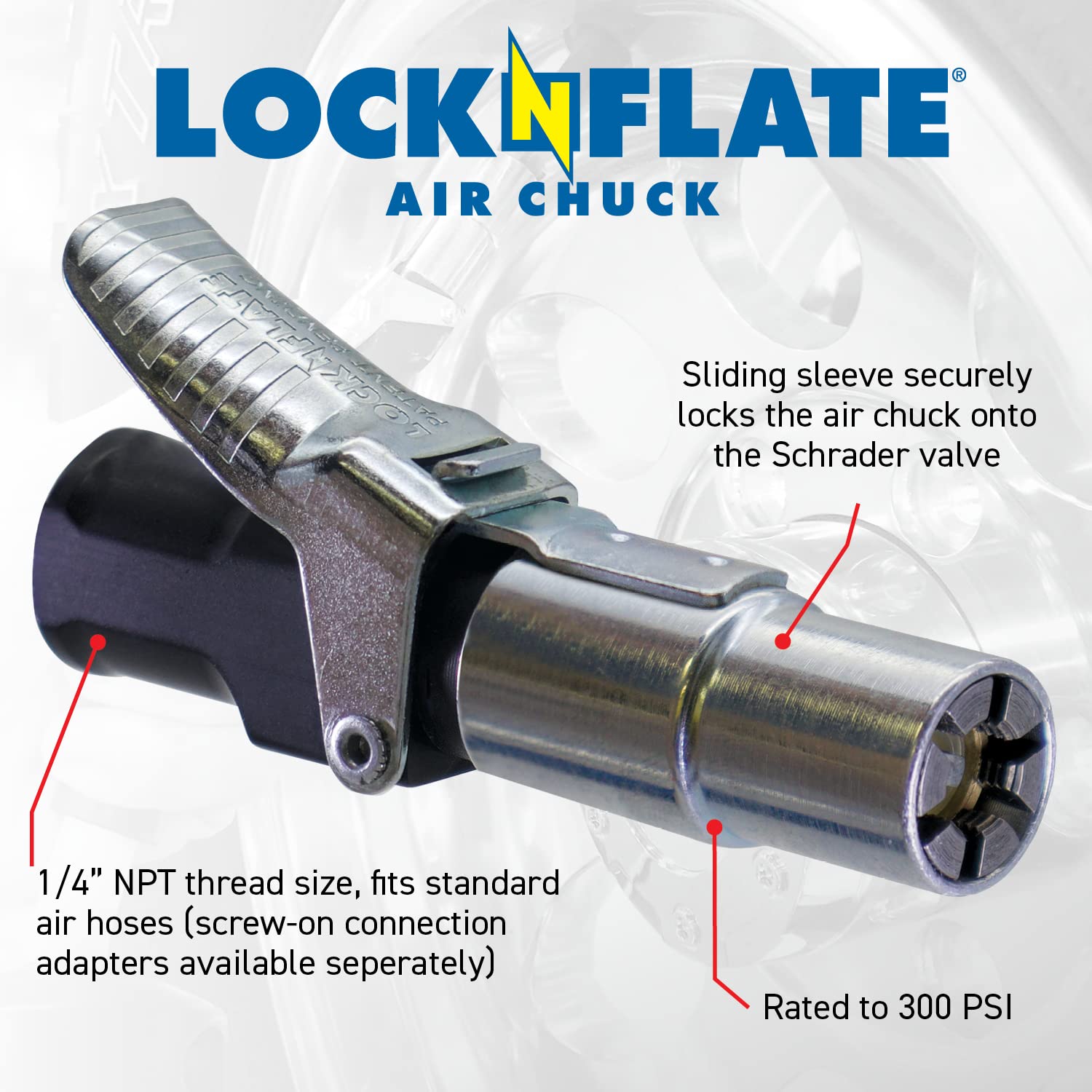 Locknflate® Locking Air Chuck - Six Steel Jaws Lock Onto Any Tire Valve - Won'T Leak Or Pop Off - Rated To 150 Psi - Closed Flow