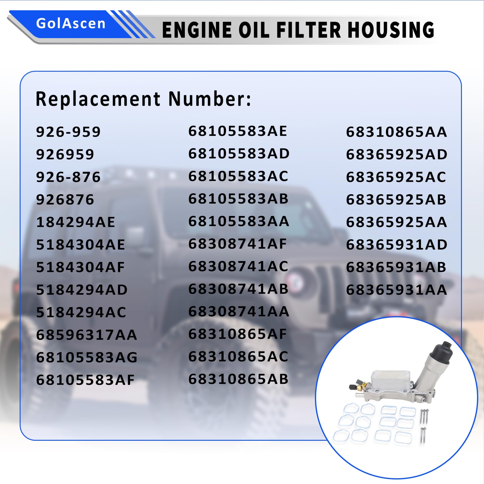 926-959 3.6L Upgraded Aluminum Engine Oil Filter Housing for 2011-2016 Chrysler 200 300 Dodge Charger Challenger Journey Caravan
