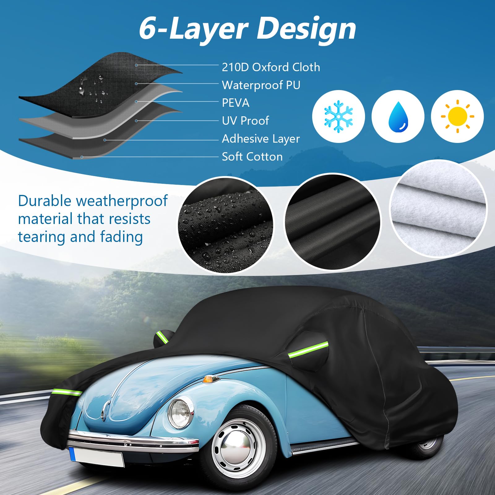 Custom Fit For Volkswagen Beetle Bug 2-Door 1960-1980 Sedan Car Cover Waterproof Heavy Duty All-Weather Protection With Door Zipper & Storage Bag