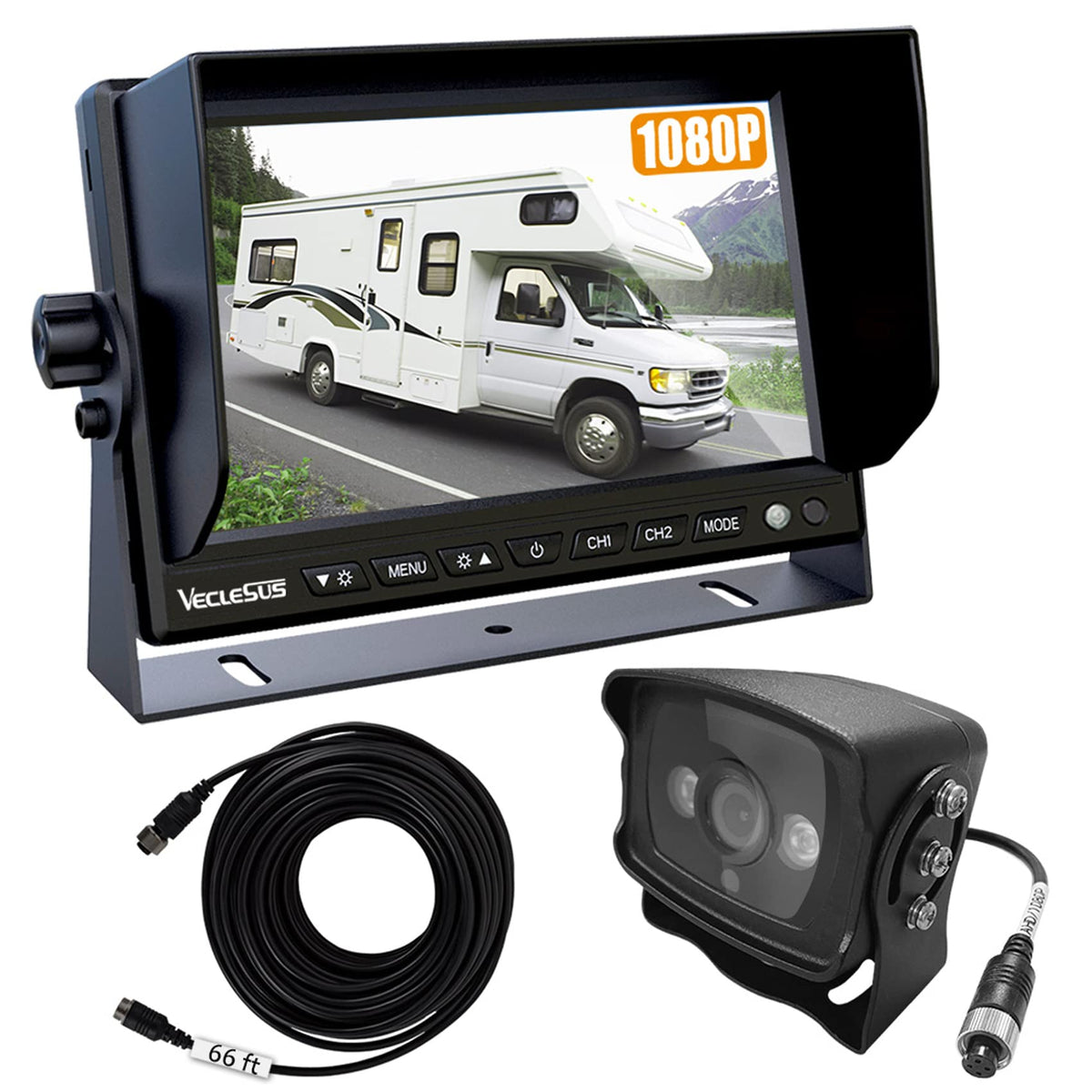 Backup Camera System Vms 1080P High Definition Wired 2 Videos 7'' Wide In-Plane Switching Monitor Night Vision Backup Camera For