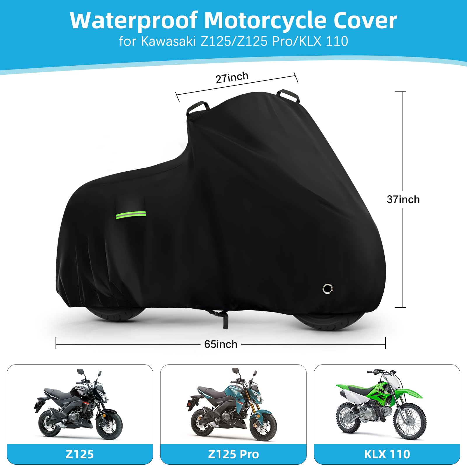 Motorcycle Cover for Kawasaki Z125/Z125 Pro/KLX 110, Heavy Duty Outdoor Sun UV Rain Dust Waterproof All Weather Protection Windp