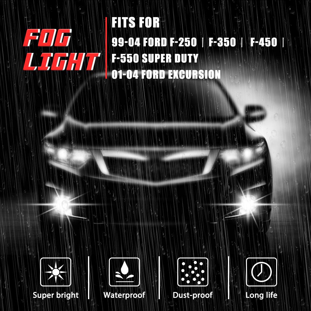 Driving Fog Lights Lamps Replacement for 1999-2004 Ford F250 350 450 550(Super Duty) 2001-2004 Ford Excursion with H10 12V 42W Halogen Bulbs (Clear Lens)