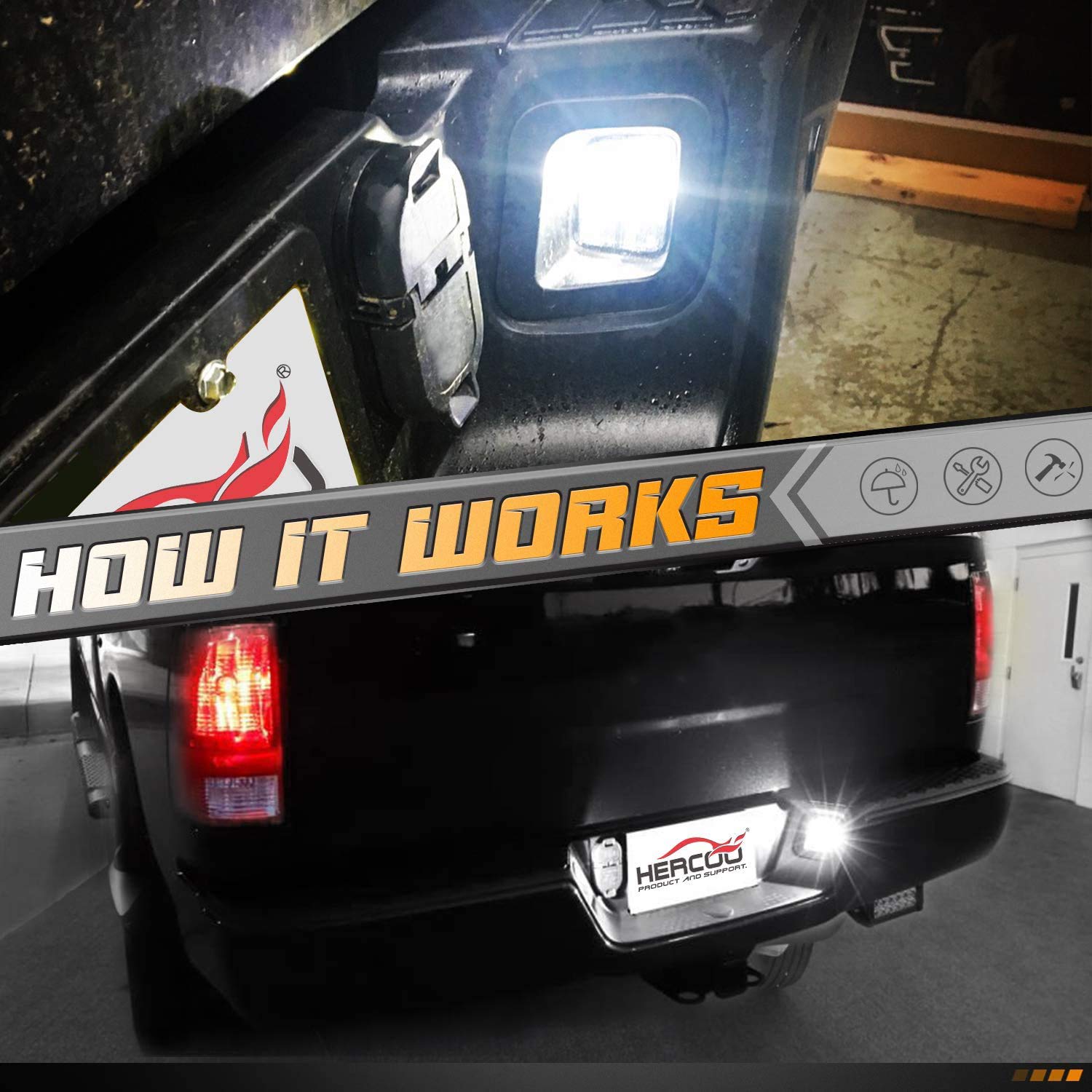 Hercoo Led License Plate Light Lamp Lens Black Housing White Bulbs Clip Retainer Compatible With 2003-2018 Dodge Ram 1500 2500 3500 Pickup Truck Rear Step Bumper Aftermarket Repalcement, Pack Of 2