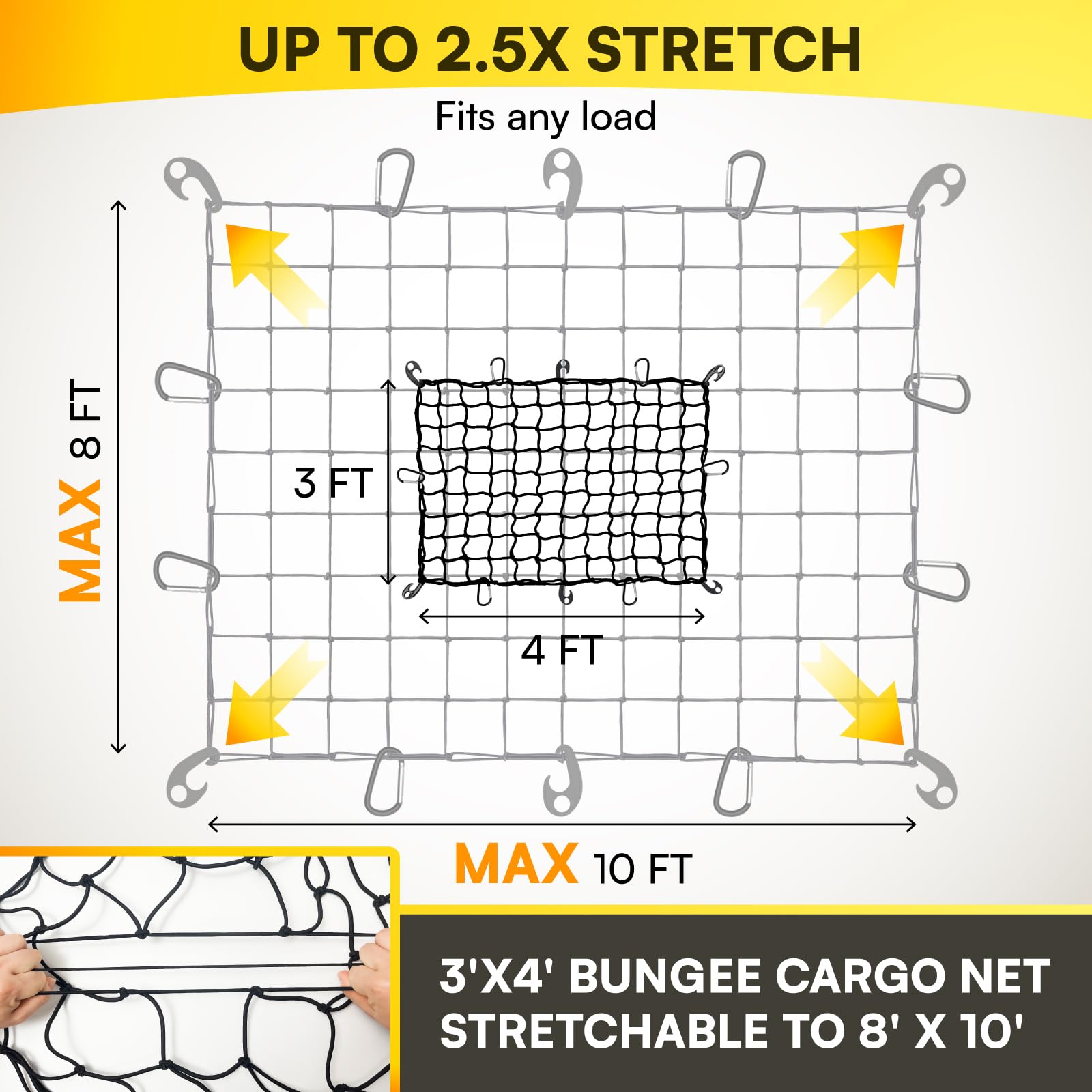 Cakubor Truck Bed Cargo Net, 3'X4' Stretches To 8'X10', For Pickup Truck Bed, 4''X4'' Mesh Super Duty Bungee Cargo Net With 24 P