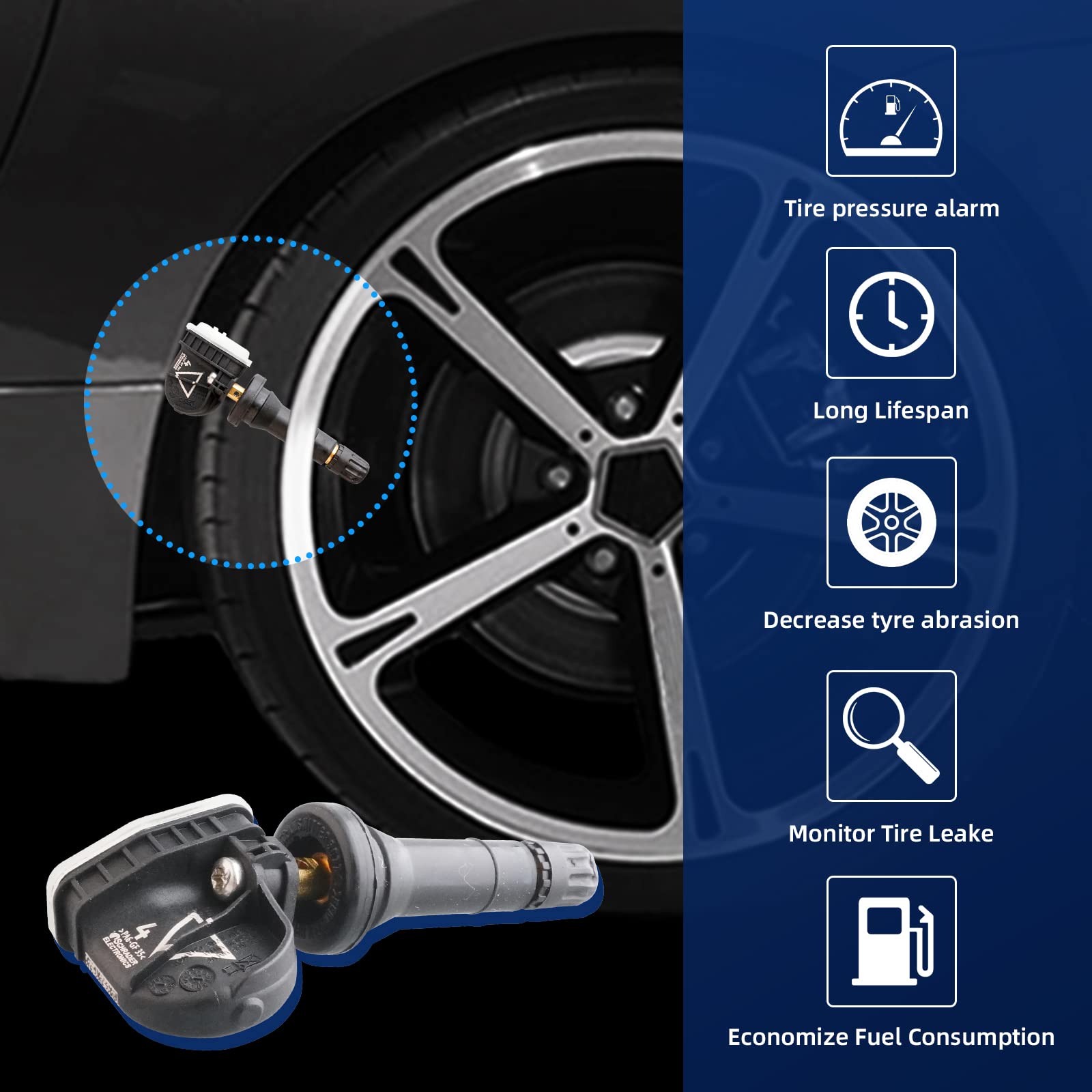 MACAX 433MHz 4Pcs Tire Pressure Monitoring System Sensor (TPMS) Snap-in Replacement for 13598773 13589601 13540602 13589256