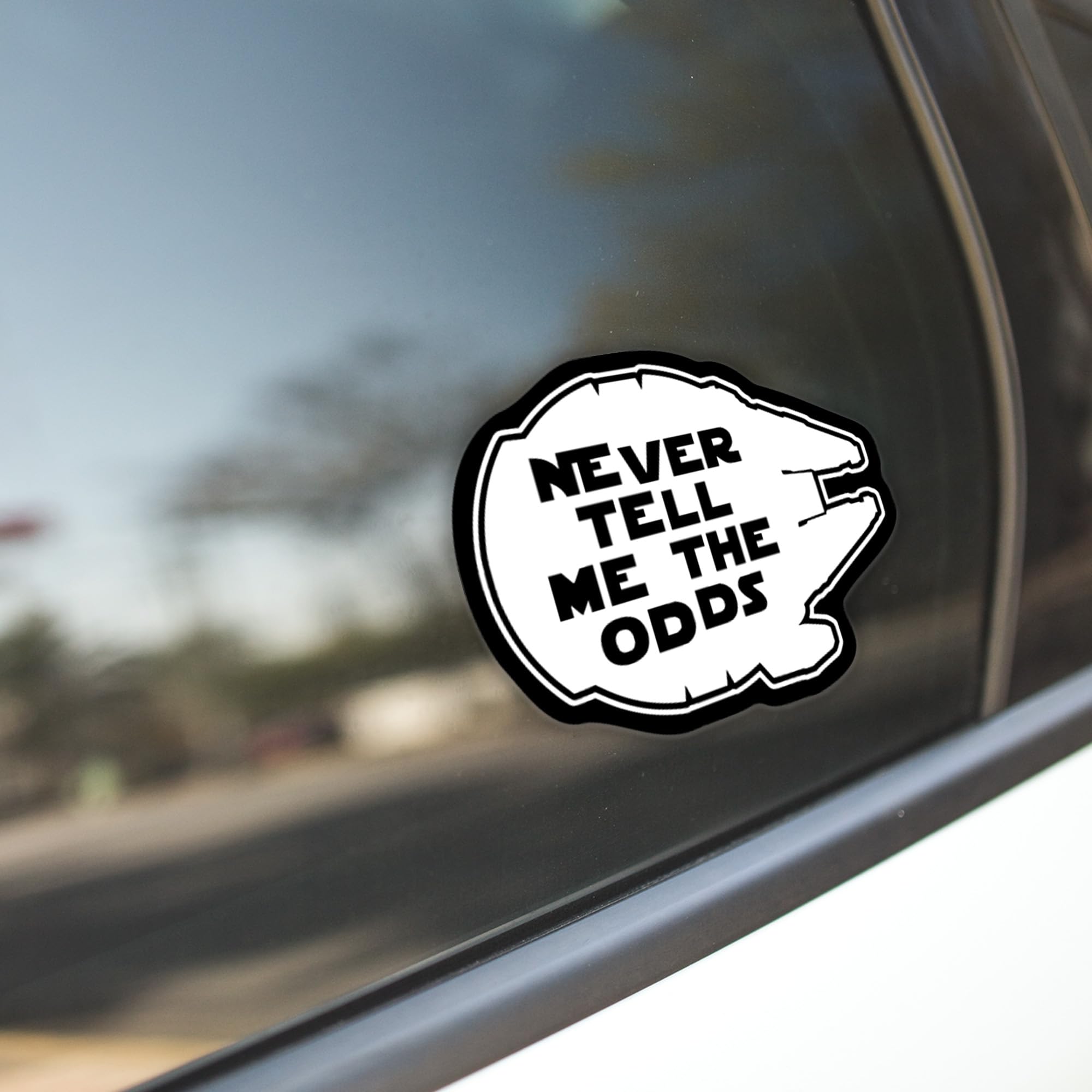 Never Tell Me The Odds Vinyl Decal Sticker - 5.5 x 4.1 Inches - White on Black Background - KCD2178