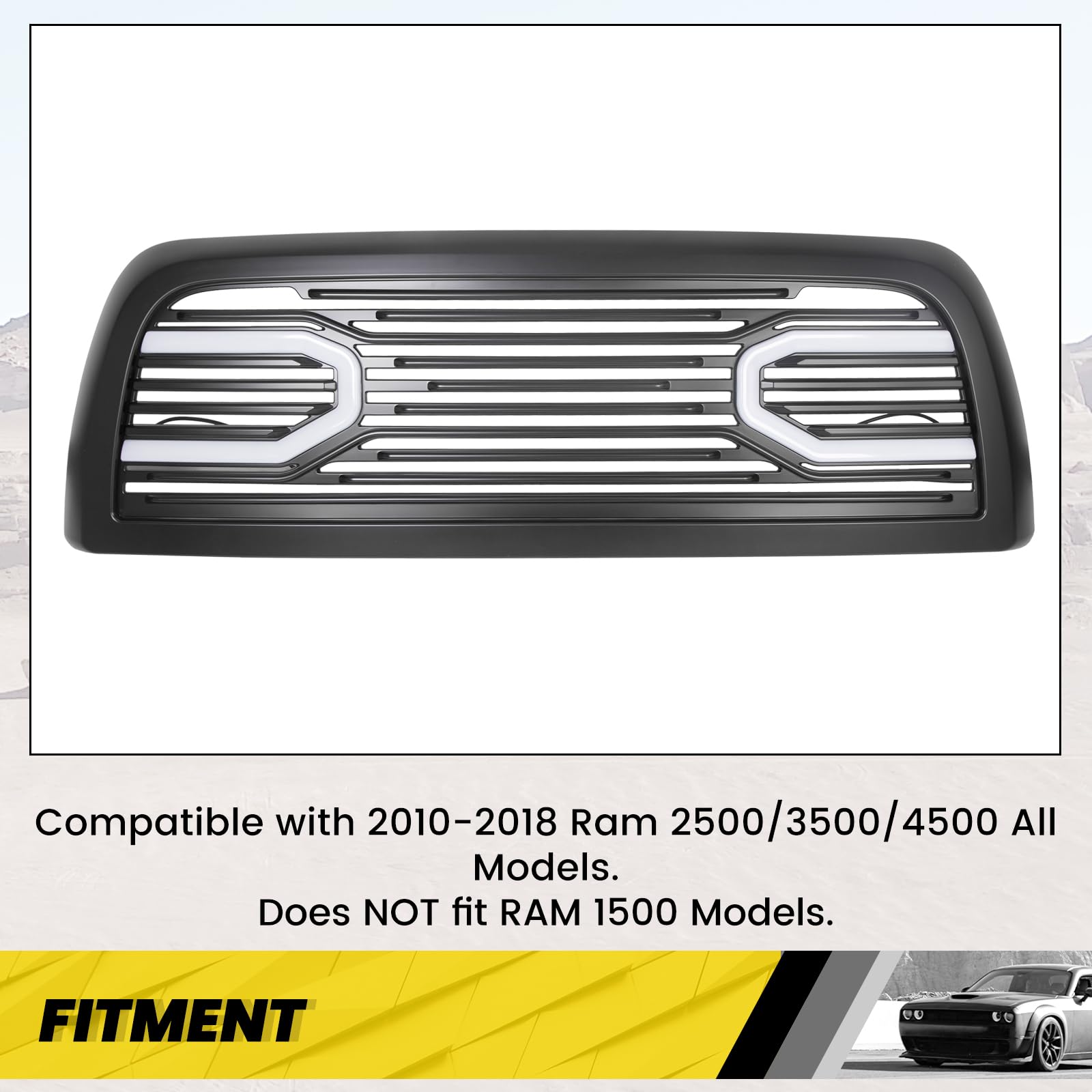 Kuafu Front Hood Bumper Grille Grill W/Replacement Shell Led Lights Compatible With 2010 2011-2018 Dodge Ram 2500 3500 4500 Big Horn Horizontal Style Bumper Grill Abs