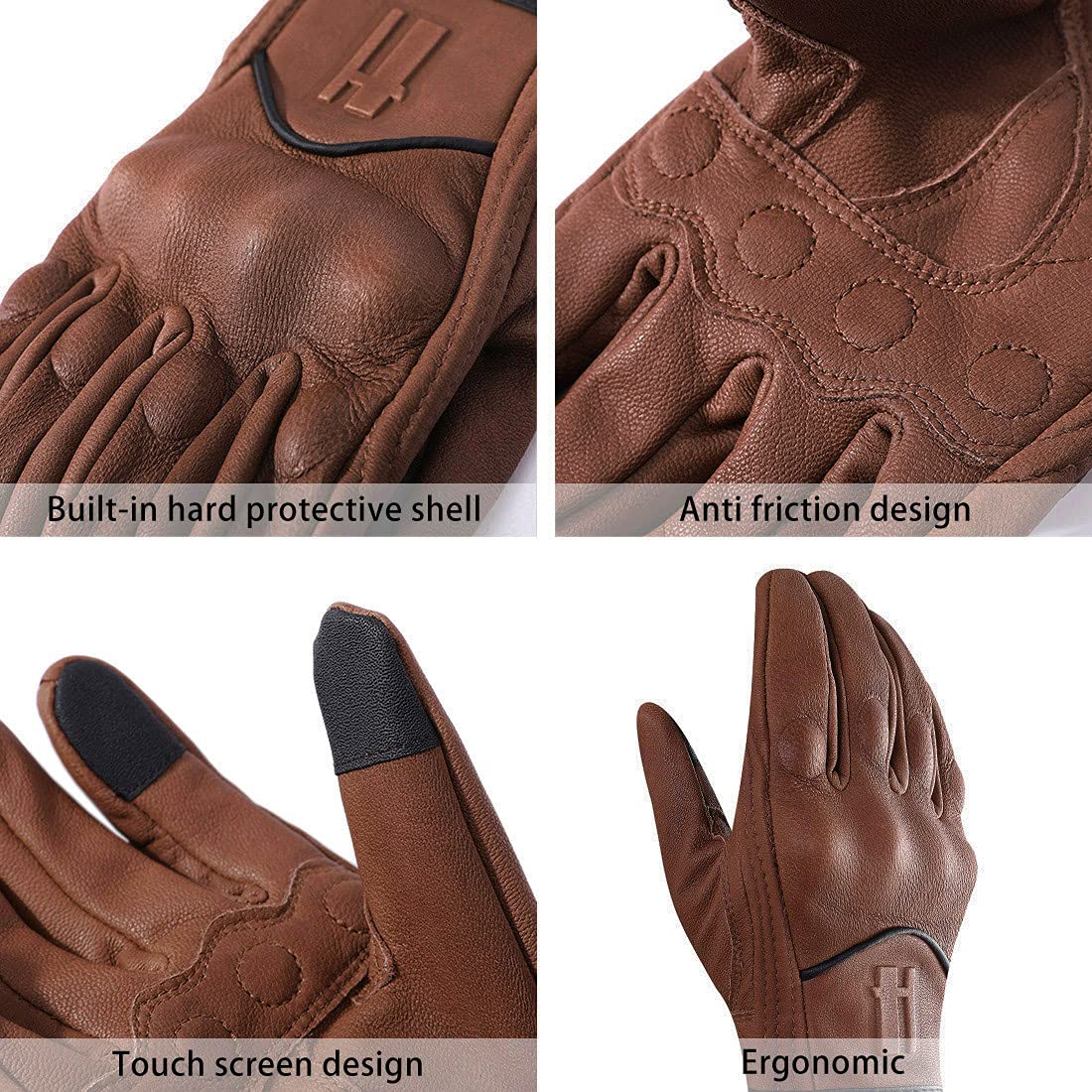 Harssidanzar Leather Motorcycle Gloves for Women, Touchscreen, Size L, Saddle, Model GL016