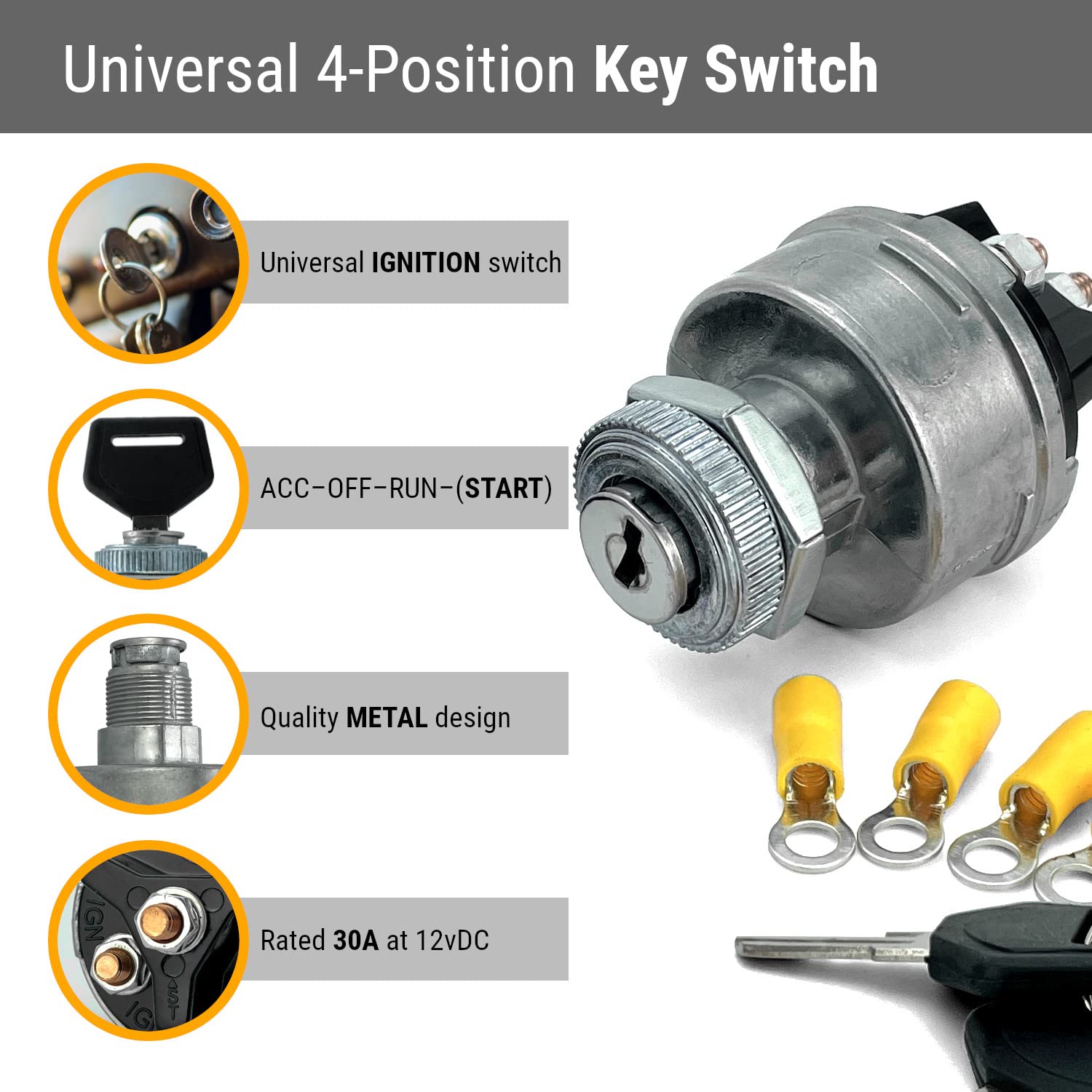 Mgi Speedware 4-Position Universal Ignition Key Switch For 12V Car, Truck, Tractor, Trailer, Forklift - Acc/Off/Ign/(Start)