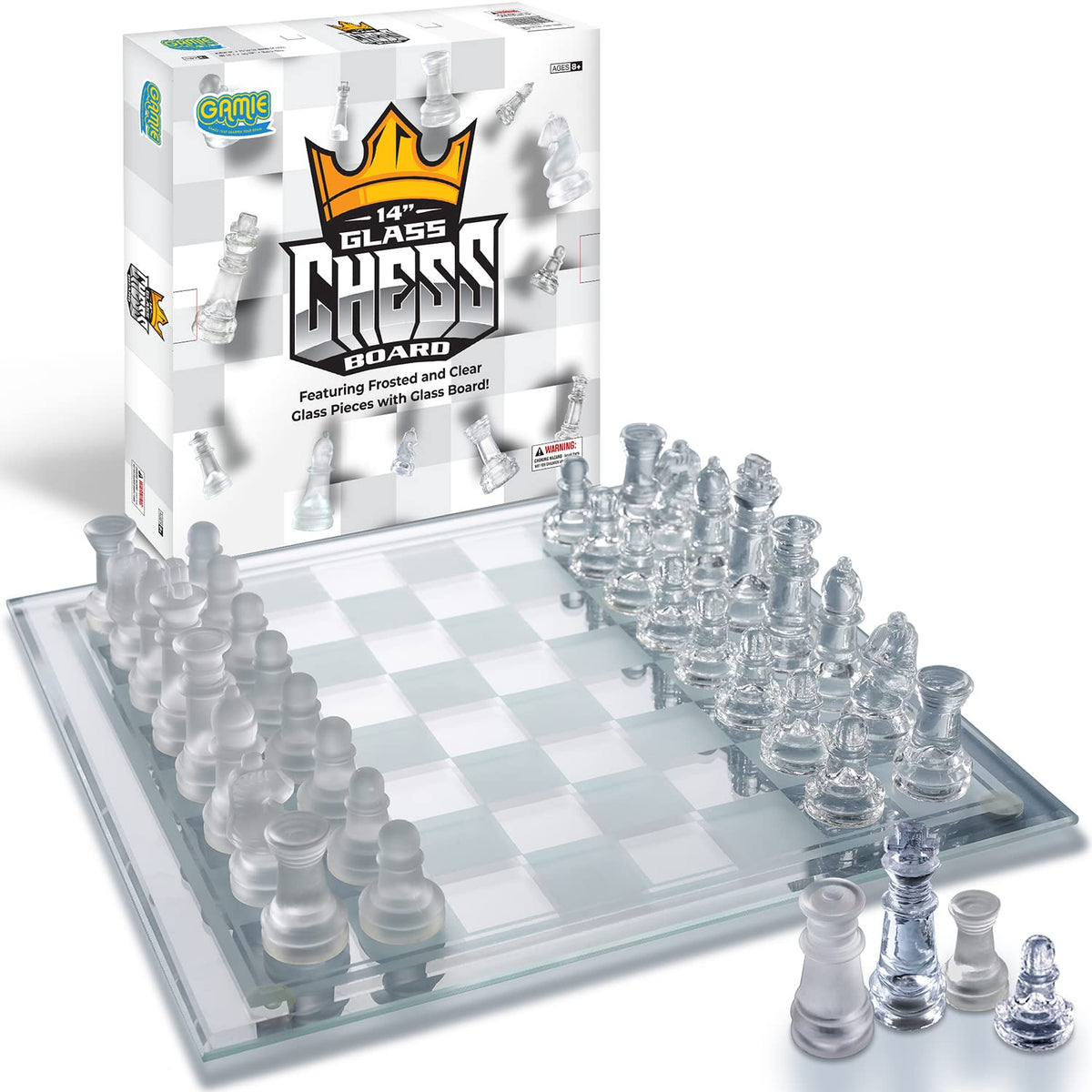Gamie Glass Chess Set, Elegant Design - Durable Build - Fully Functional - 32 Frosted And Clear Pieces - Felted Bottoms - Easy T
